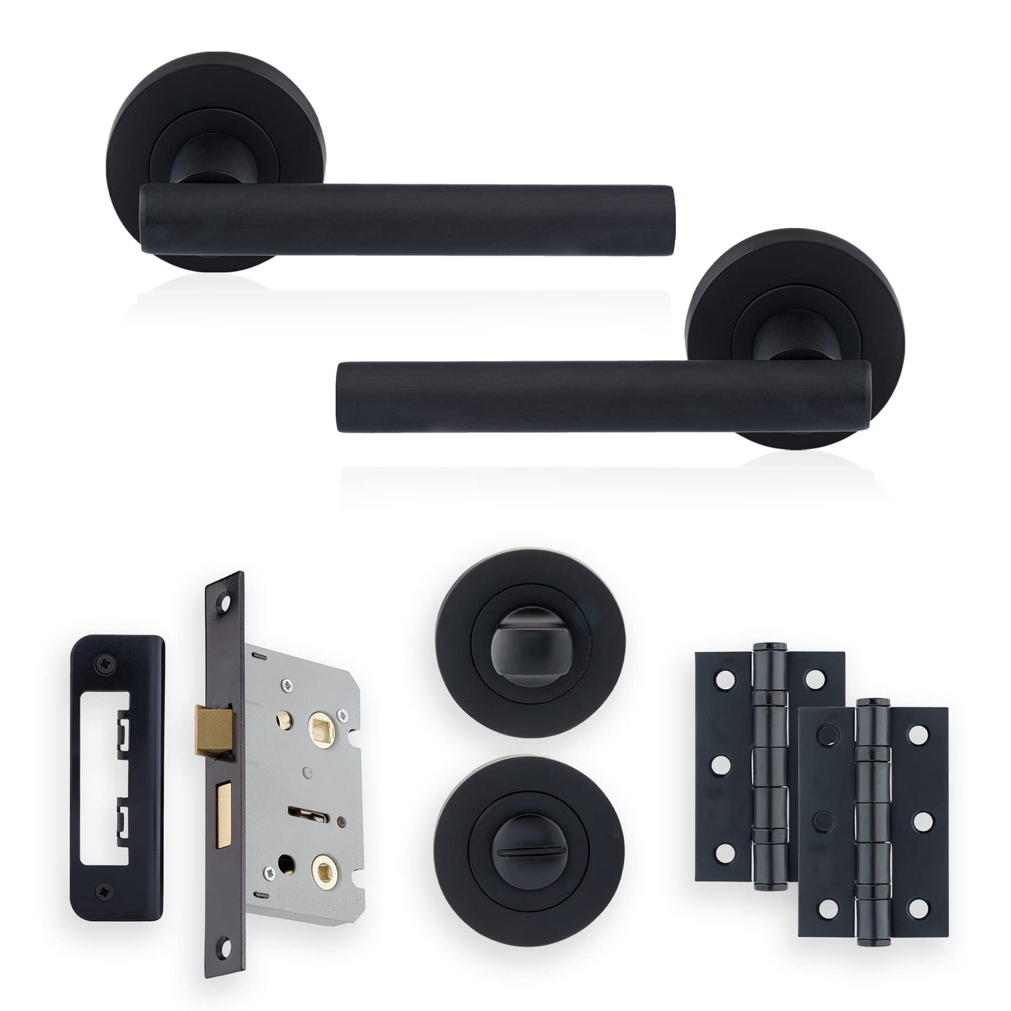 XFORT Matt Black Liberty Lever On Rose Bathroom Pack, Complete Set with T-Bar Handles, 65mm Privacy Lock, 75mm Ball Bearing Hinges and Thumb Turn &