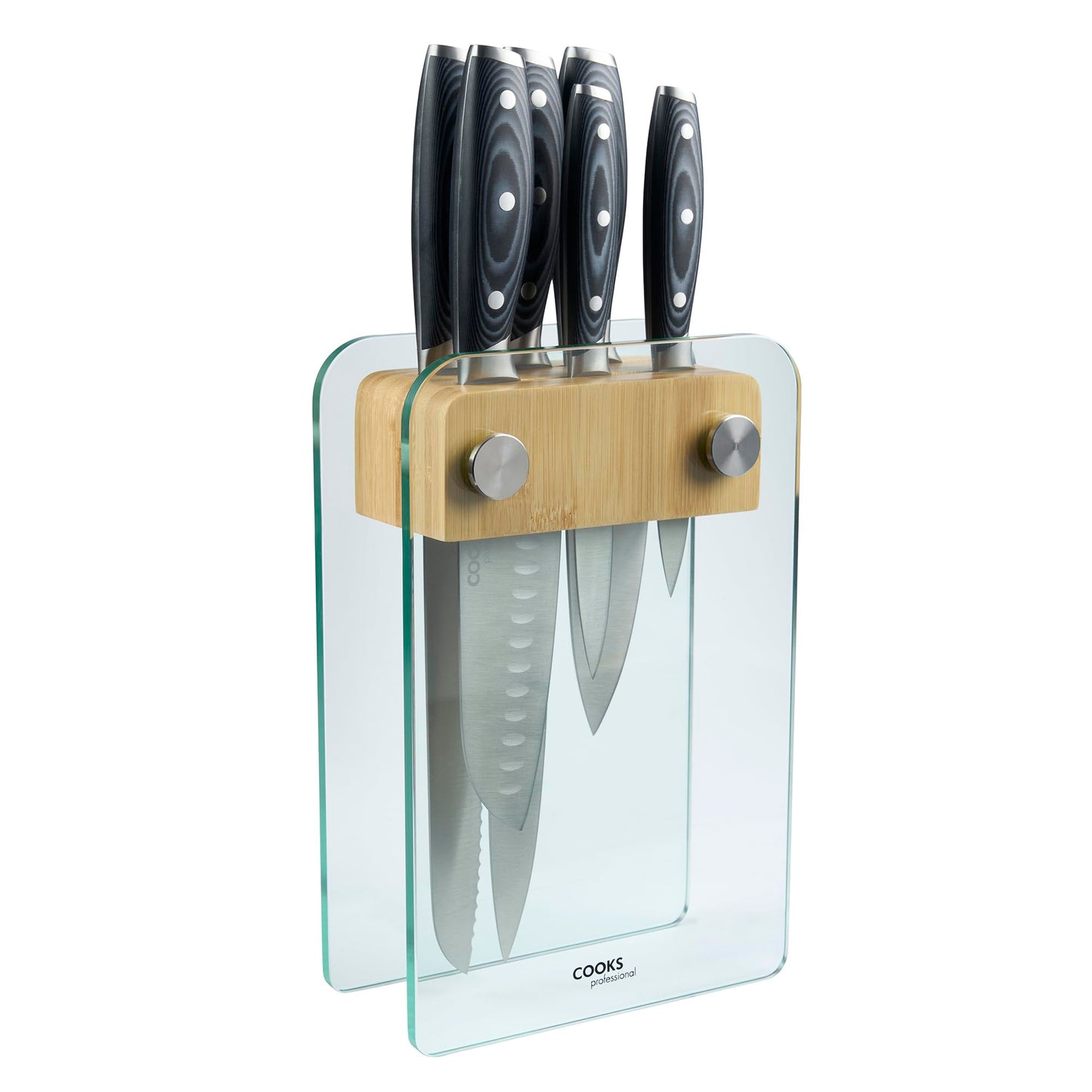 Cooks Professional Ultimate 6 Piece Knife Set | with Glass and Bamboo Knife Block| Micarta Handle | German Steel | Chef | Home Kitchen