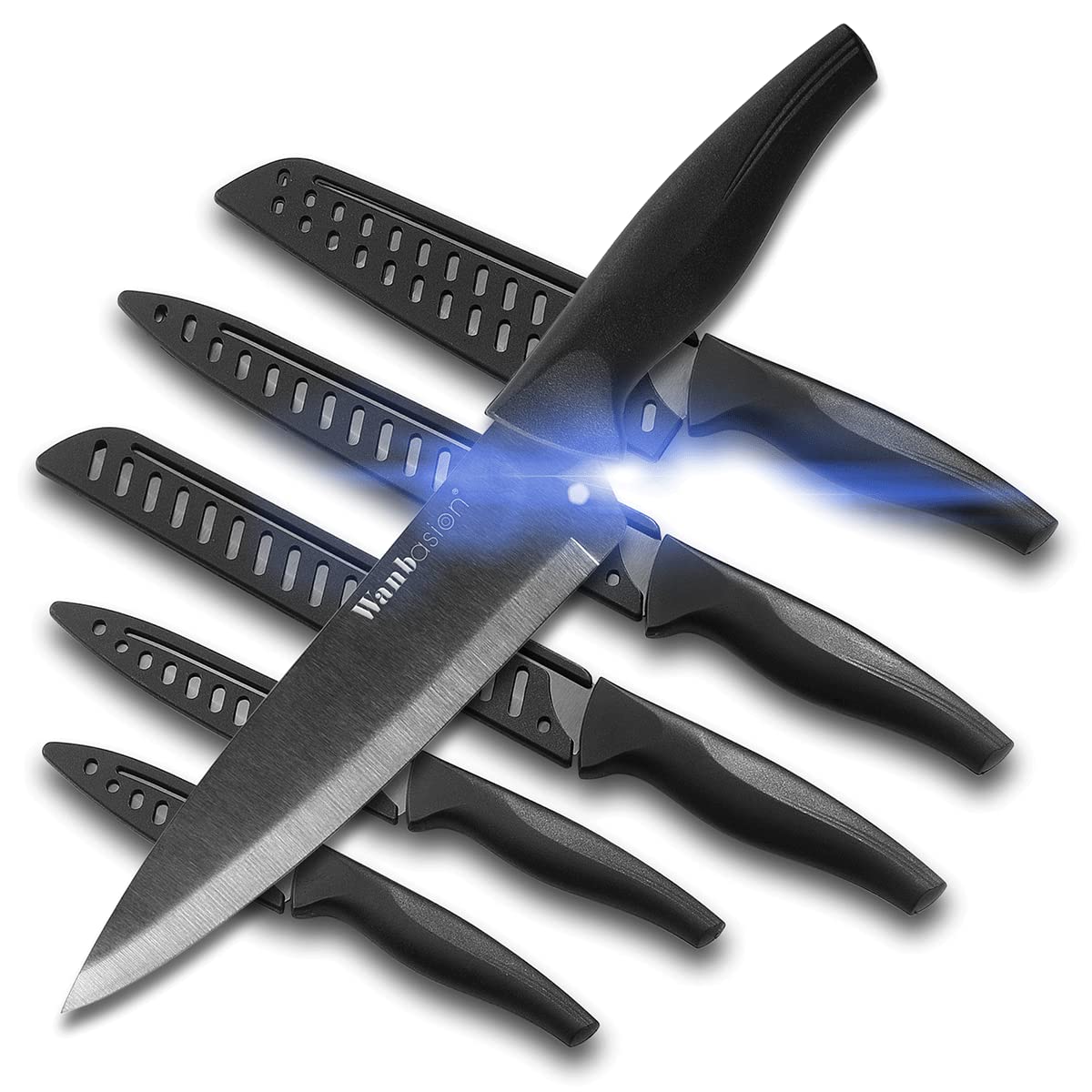 Wanbasion 6Pcs Black Titanium Kitchen Knife Set Dishwasher Safe, Sharp Knife Set Stainless Steel, Professional Kitchen Knives Set for Chefs with