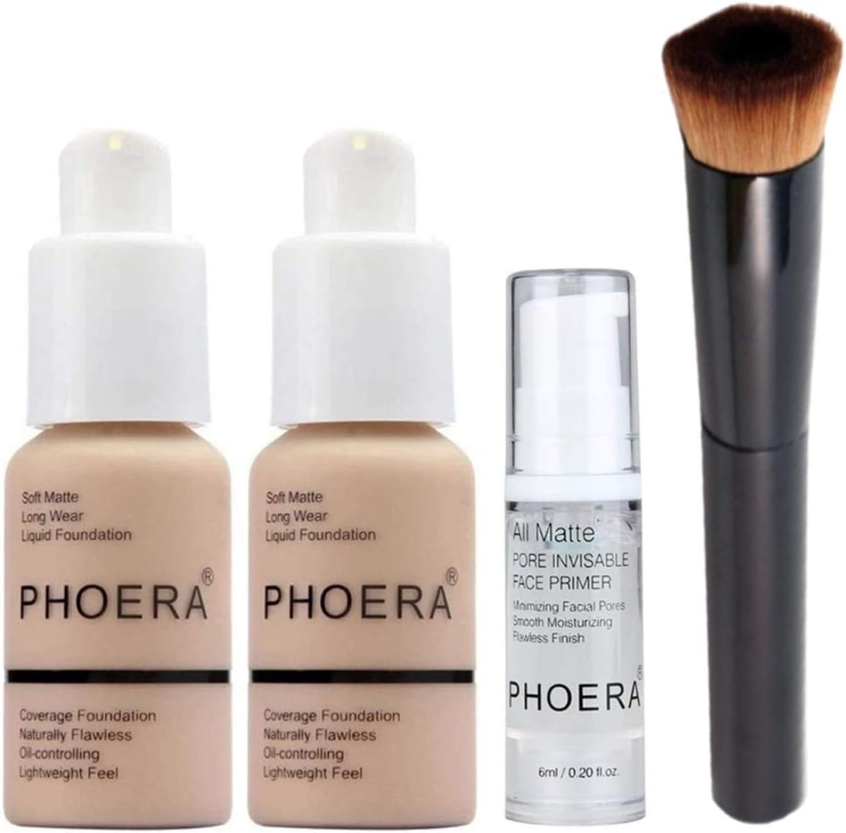 Phoera Foundation Full Coverage Makeup Set - Includes x2 Nude 30ml Matte Foundation, 6ml Face Primer & Liquid Foundation Brush for Easy Application