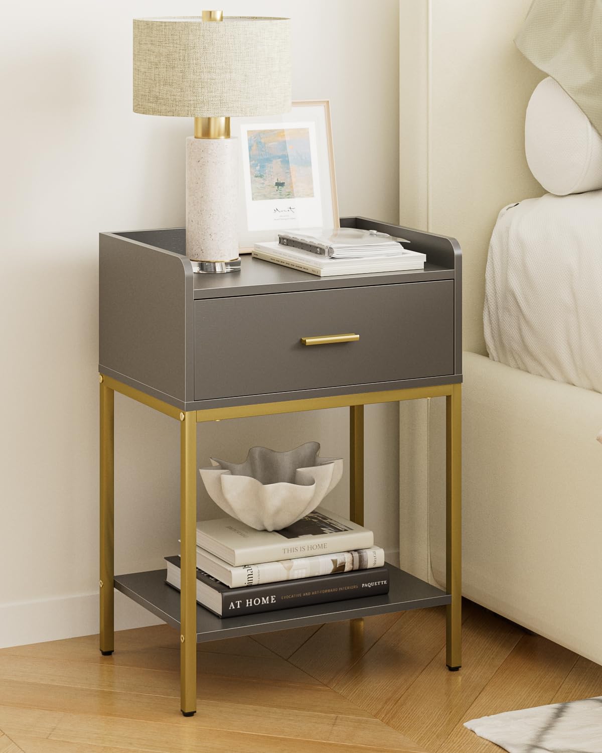HEYZOEY Bedside Table, 3-tier Modern Bedside Table with Storage Drawer and Shelf, Small Side Table for Bedroom, Living Room, Grey
