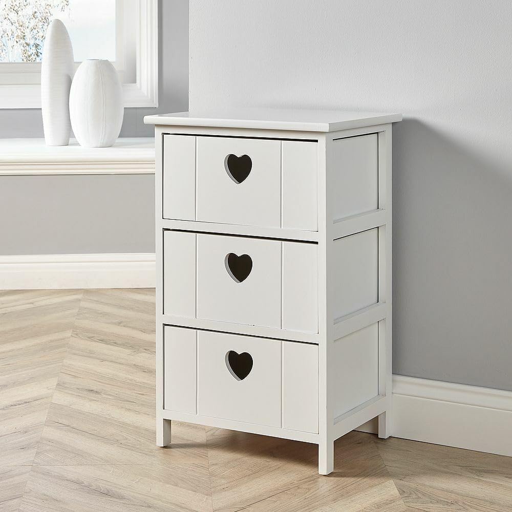 Home Source Bedside Chest of Drawers, Wooden Storage Unit Bedroom Organiser, Love Heart Design, 3 Drawer, White