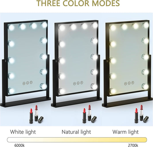TUREWELL Hollywood Makeup Mirror with Lights,Large Lighted Vanity Mirror with 3 Color Light & 12 Dimmable Led Bulbs,Smart Lighted Touch Control Screen