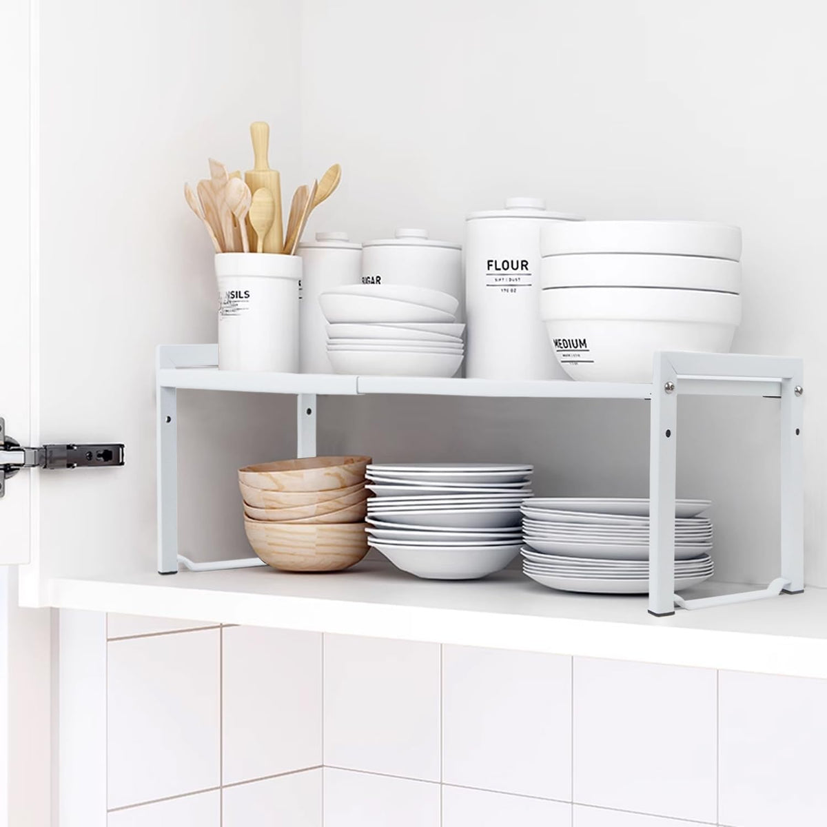 Goodsnetic 2 Packs Expandable Cabinet Shelf 13.8~26"(L), Stackable Kitchen Counter Shelf Organizer, 33LBS Heavy Duty Shelf Riser, Countertop Storage