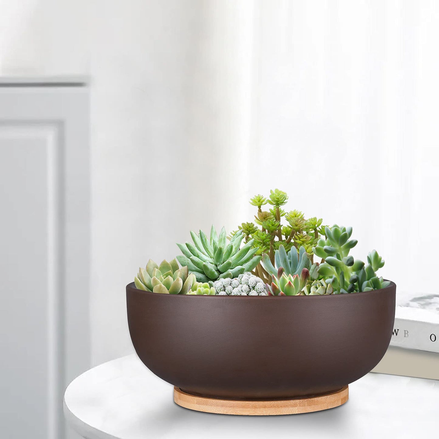 Thirtypot 25CM Terracotta Planter, Large Succulent Bonsai Planter Pot with Drainage Hole and Bamboo Saucer for Indoor Plants, Brown