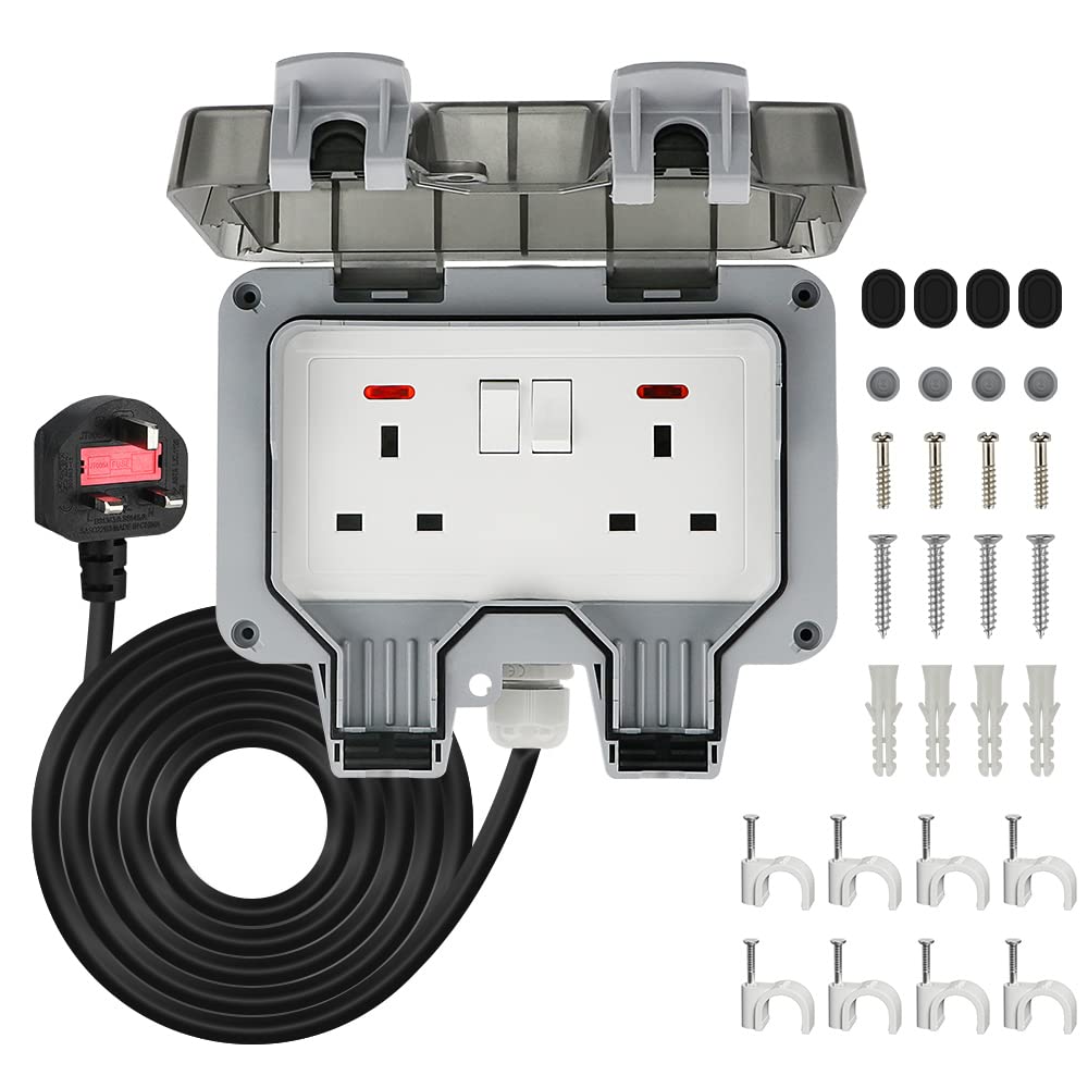 Anesty Outdoor Socket, Outdoor Double Plug Sockets Waterproof IP66 with 3m Extension Lead, Weatherproof Outdoor Plug Sockets, Exterior Wall Garden 2