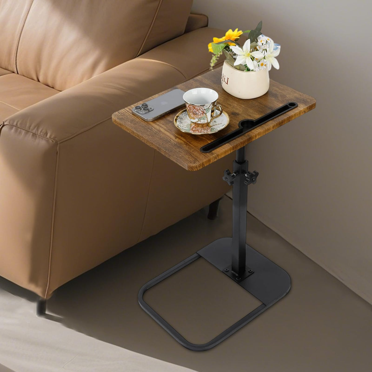Kiss Me TV Tray Table Small Adjustable C Shaped Side Table with Phone Slot
