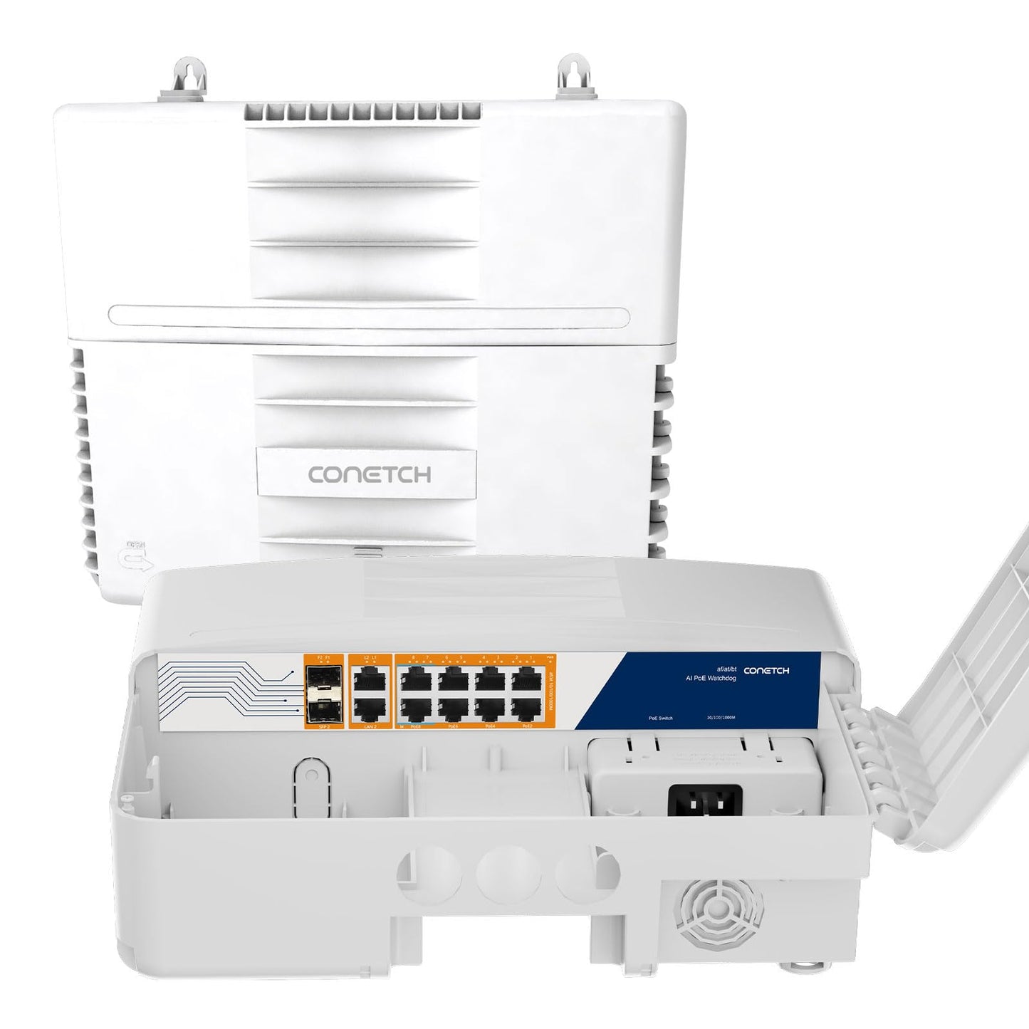 CONETCH 12 Port Gigabit Outdoor PoE Switch with 2 Uplink & 2 SFP | IP65 Waterproof | 120W Built-in power | IEEE802.3af/at/bt | AI Watchdog | 6KV