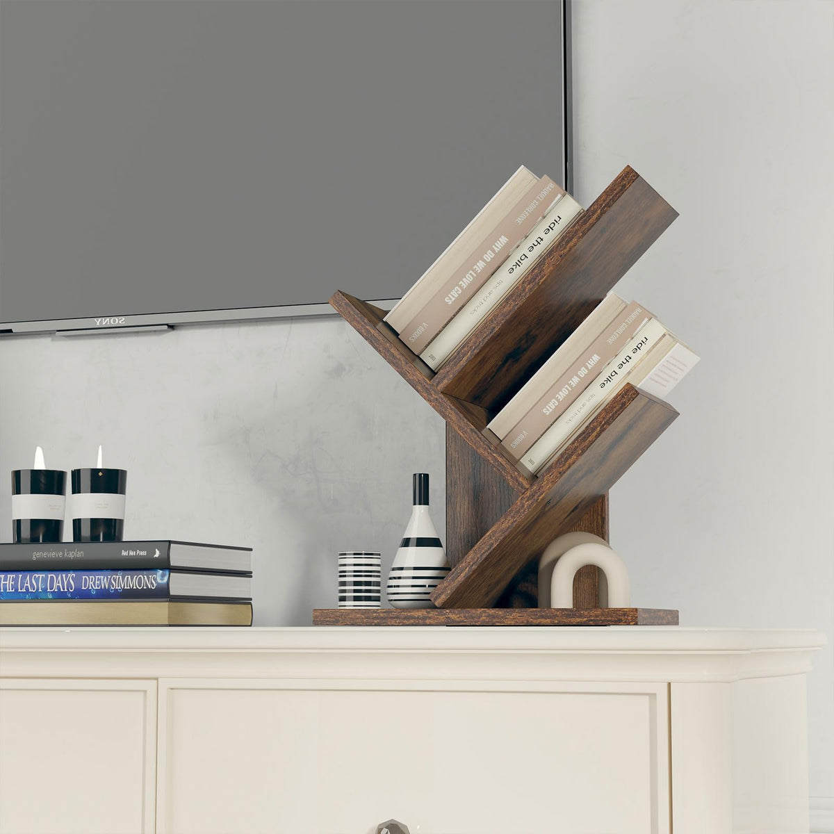 YMYNY 2 Tier Tree Bookshelf, Small Bookcase, Modern Wood Book Storage Rack Organizer, Freestanding Book Shelf for Books/Movies/CDs