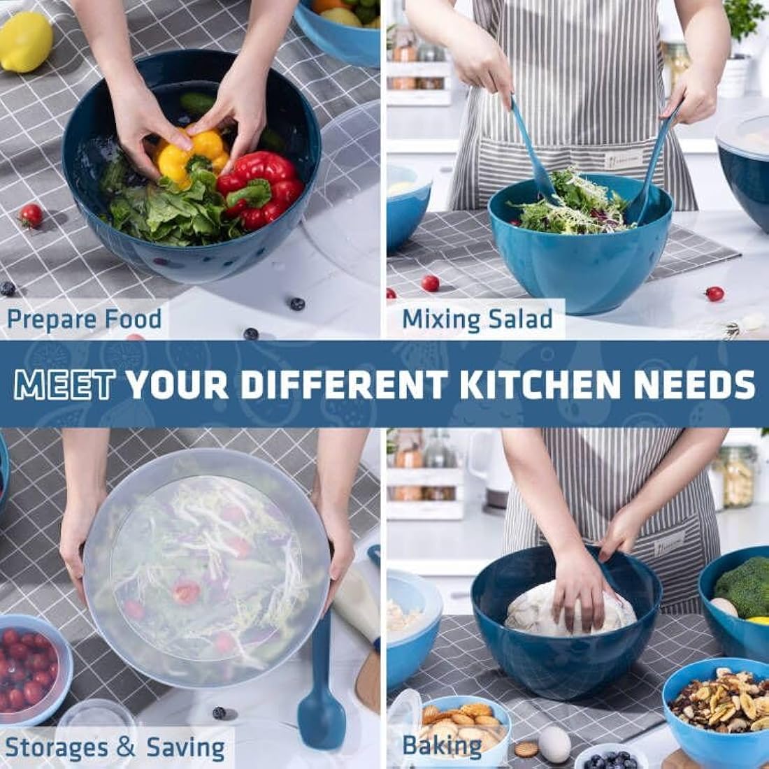Luxear 0.2-6.5L Large Mixing Bowls with Lid Set of 6, Plastic Stackable Nesting Bowl with Fork or Spoon for Cooking, Storage, Baking, Fruit, Salads, Microwave, Dishwasher and Freezer, BPA-Free