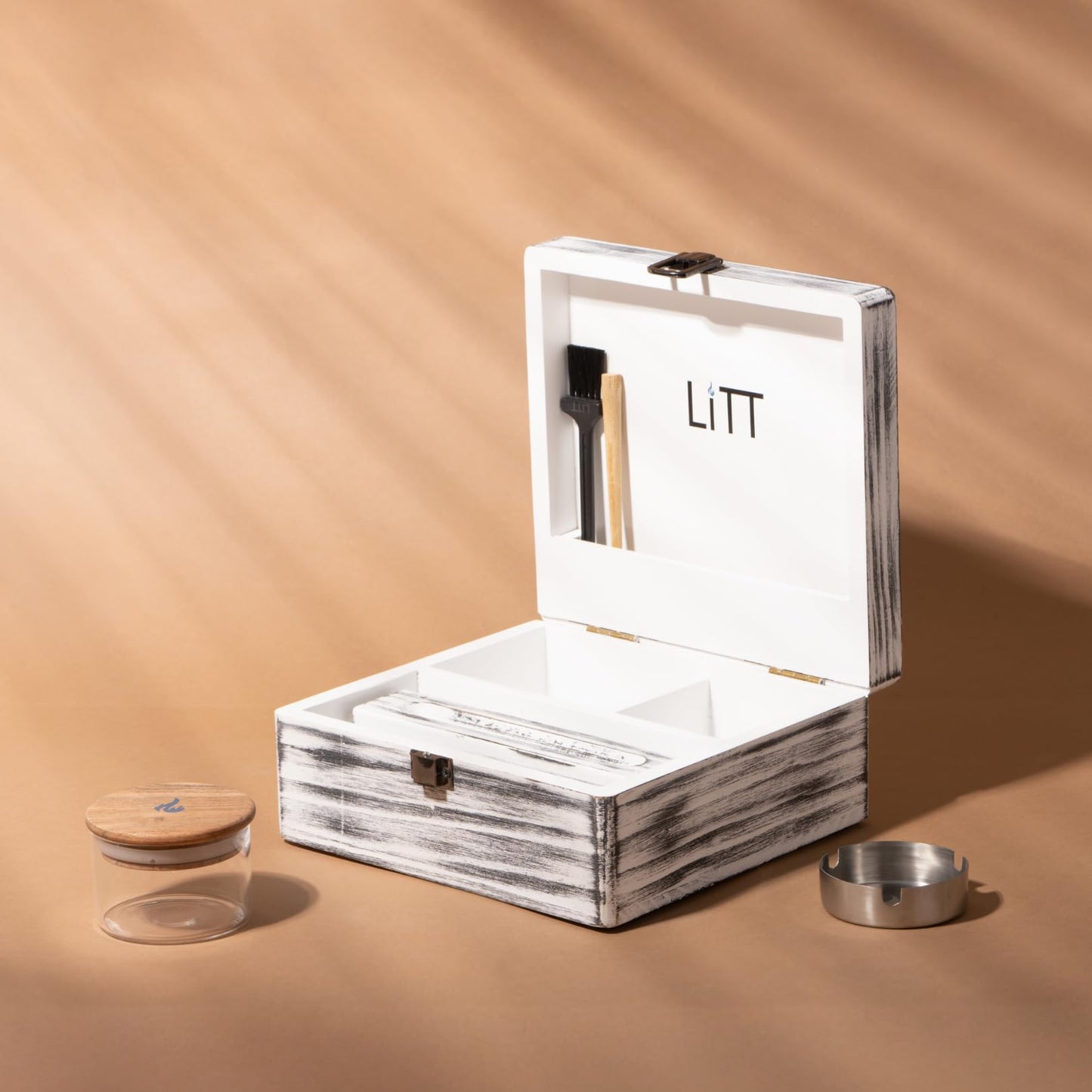 LITT Small Stash Box – Premium Wooden Storage Organiser with Lock, Airtight Smell-Proof Container, Resealable Mylar Bags, Rolling Tray & More