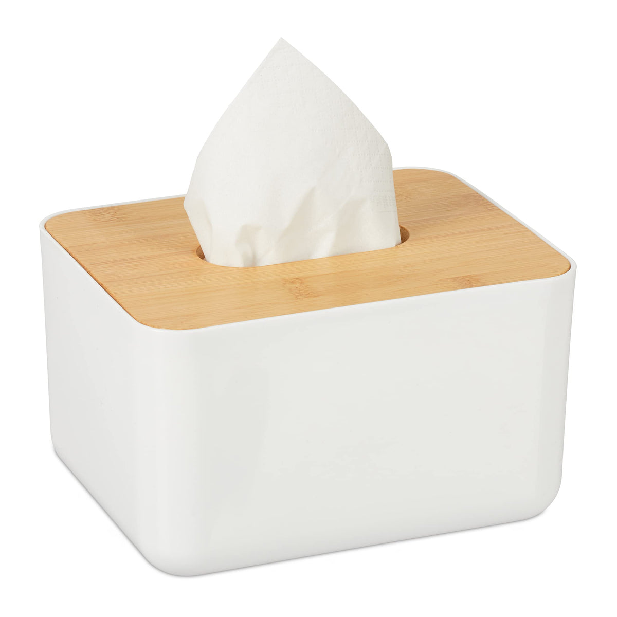 Relaxdays Tissue Box Cover with Bamboo Top, Baby Wipe Dispenser, Kitchen Napkin Holder, Bathroom, 10 x 23 x 13 cm, White