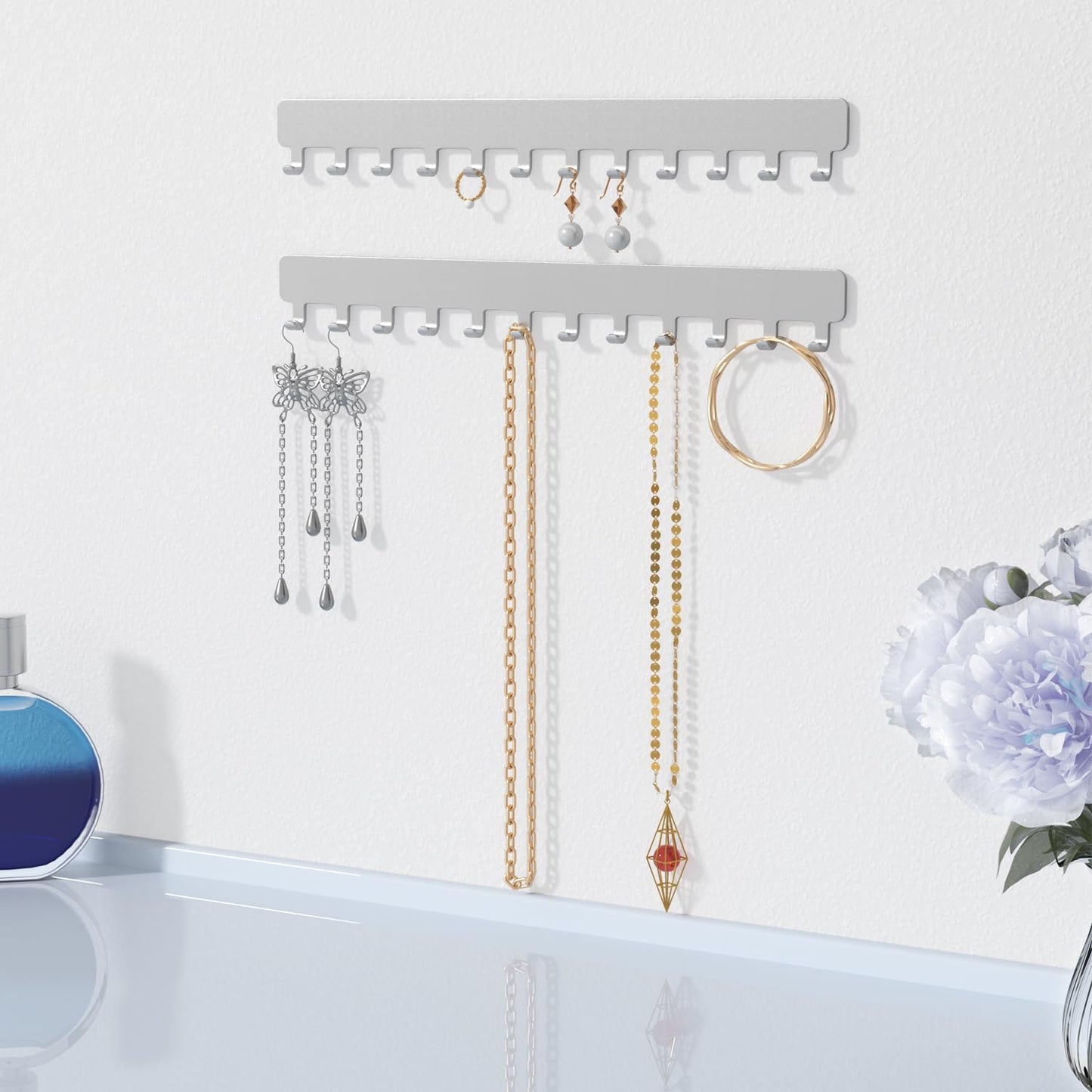 Josmimic Wall Necklace Organizer Holder: Wall Mounted Jewelry Hanging Storage Necklaces Display Hanger Painted Silver 2 PCS