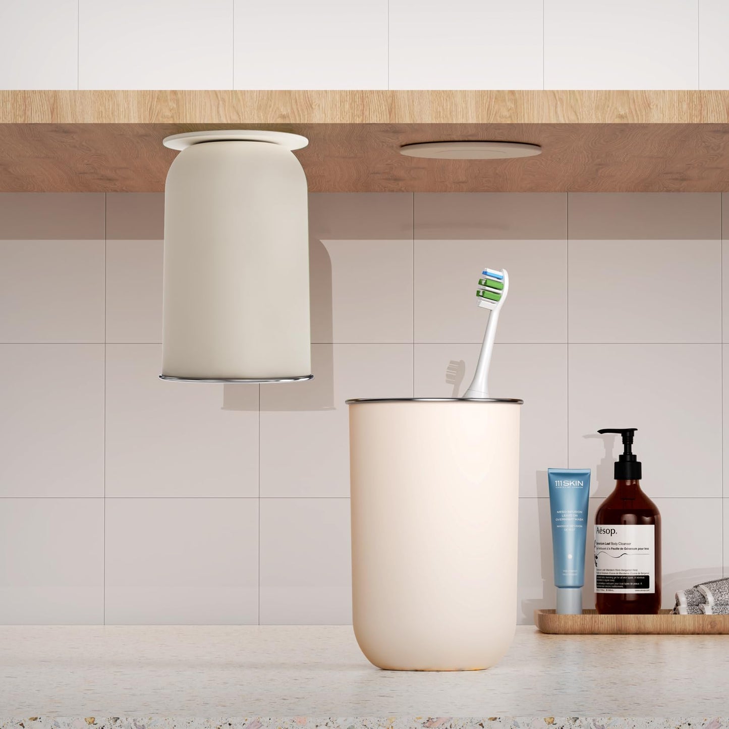 MENGCOOL Toothbrush Holder Magnetic Toothbrush Holder Wall Mounted, 2 In 1 Stainless Steel Tooth Brush Holder Mouthwash Cup For Bathroom, Couple,