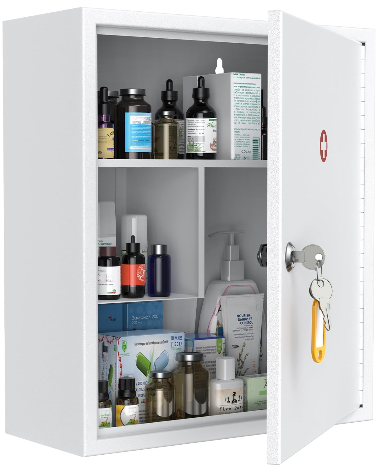 Uniclife Wall Mount Medicine Cabinet with Key Lock Locking First Aid Lockable Medical Safe Storage Box Large Capacity Medicine Organizer Secure Steel