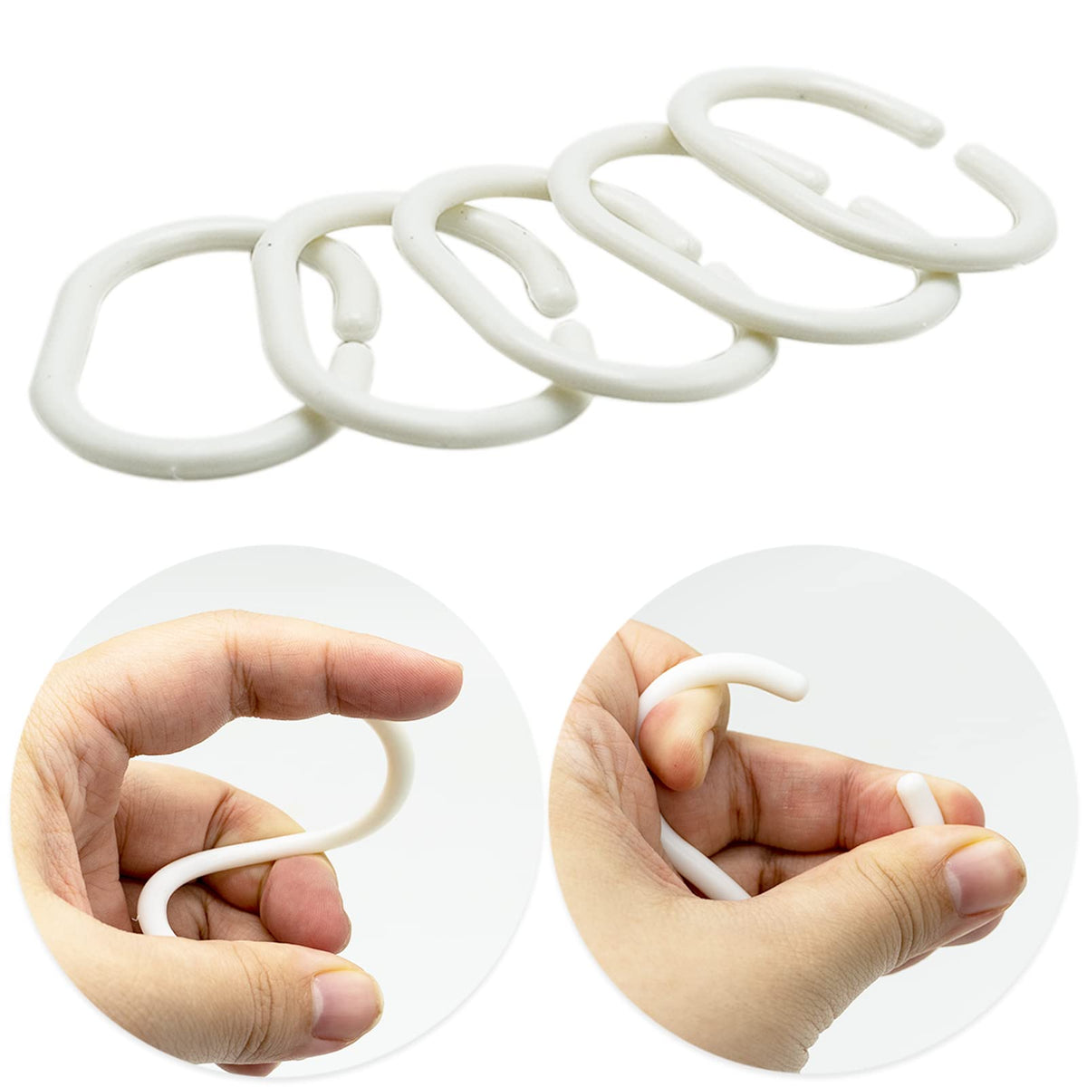 12 Pack Plastic Shower Curtain Rings, C-Shaped Hooks for Bathroom, White