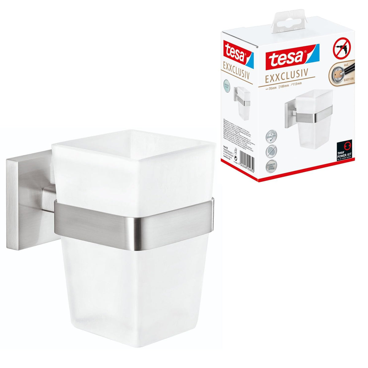 tesa EXXCLUSIV Toothbrush Holder - Self-Adhesive, Stainless-Steel Tooth Brush Holder with Frosted Glass Cup - Waterproof, incl. Power.Kit Adhesive