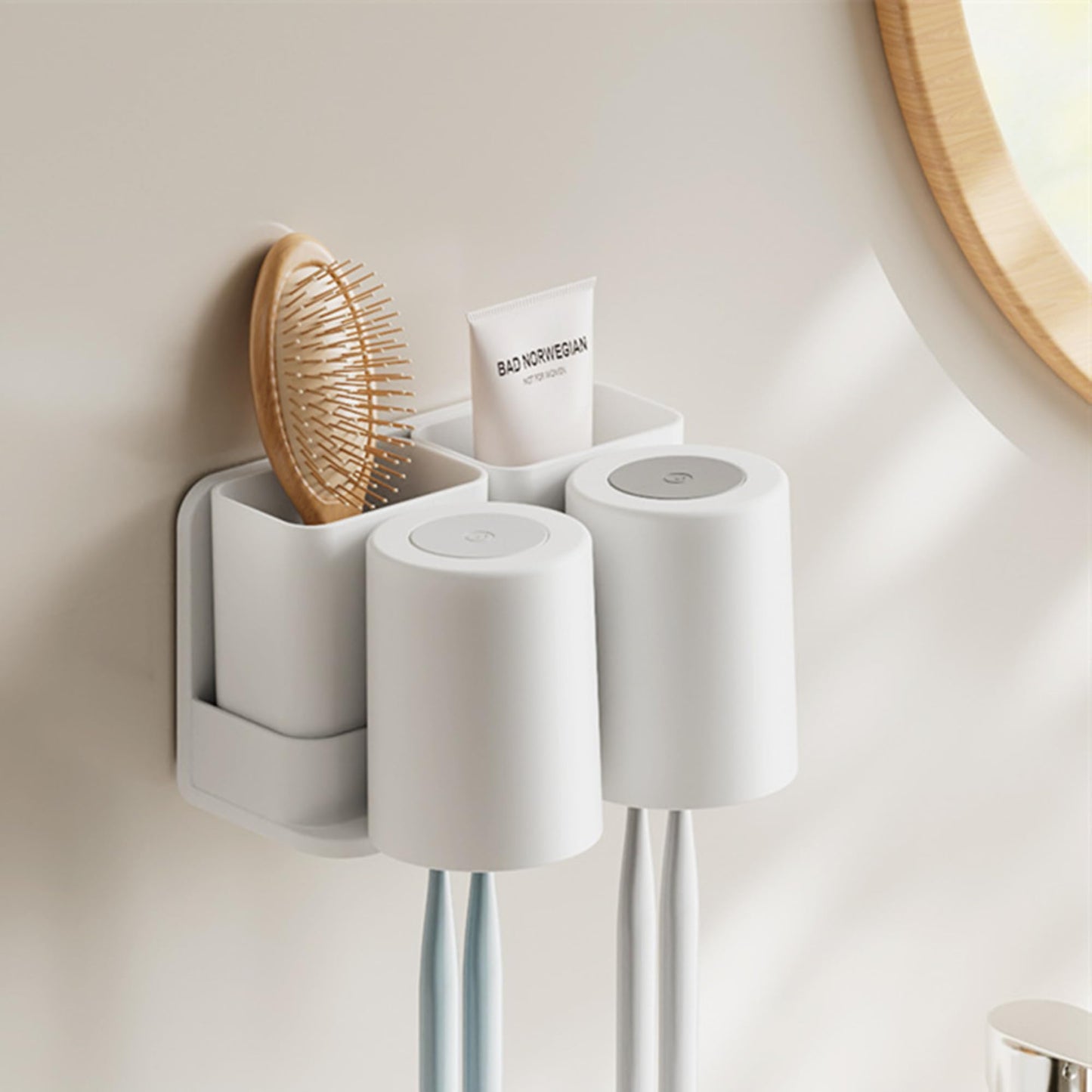 Toothbrush Holder Wall-Mounted, Adhesive Multifunctional Bathroom Storage with 2 Cups & 4 Toothbrush Slots, Includes 2 Detachable Boxes for