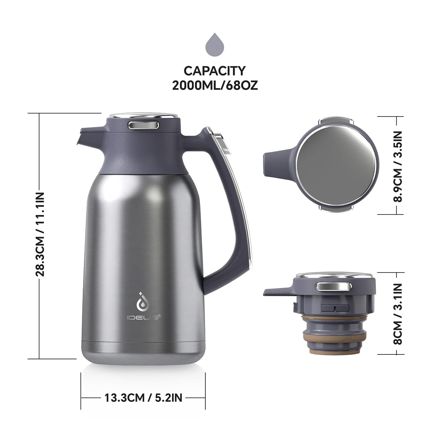 IDEUS Vacuum Insulated Coffee Carafe, 68 oz (2 Liters) Stainless Steel Milk Jug Thermal Tea Pot Hot & Cold Water Beverage Dispenser (Silver)