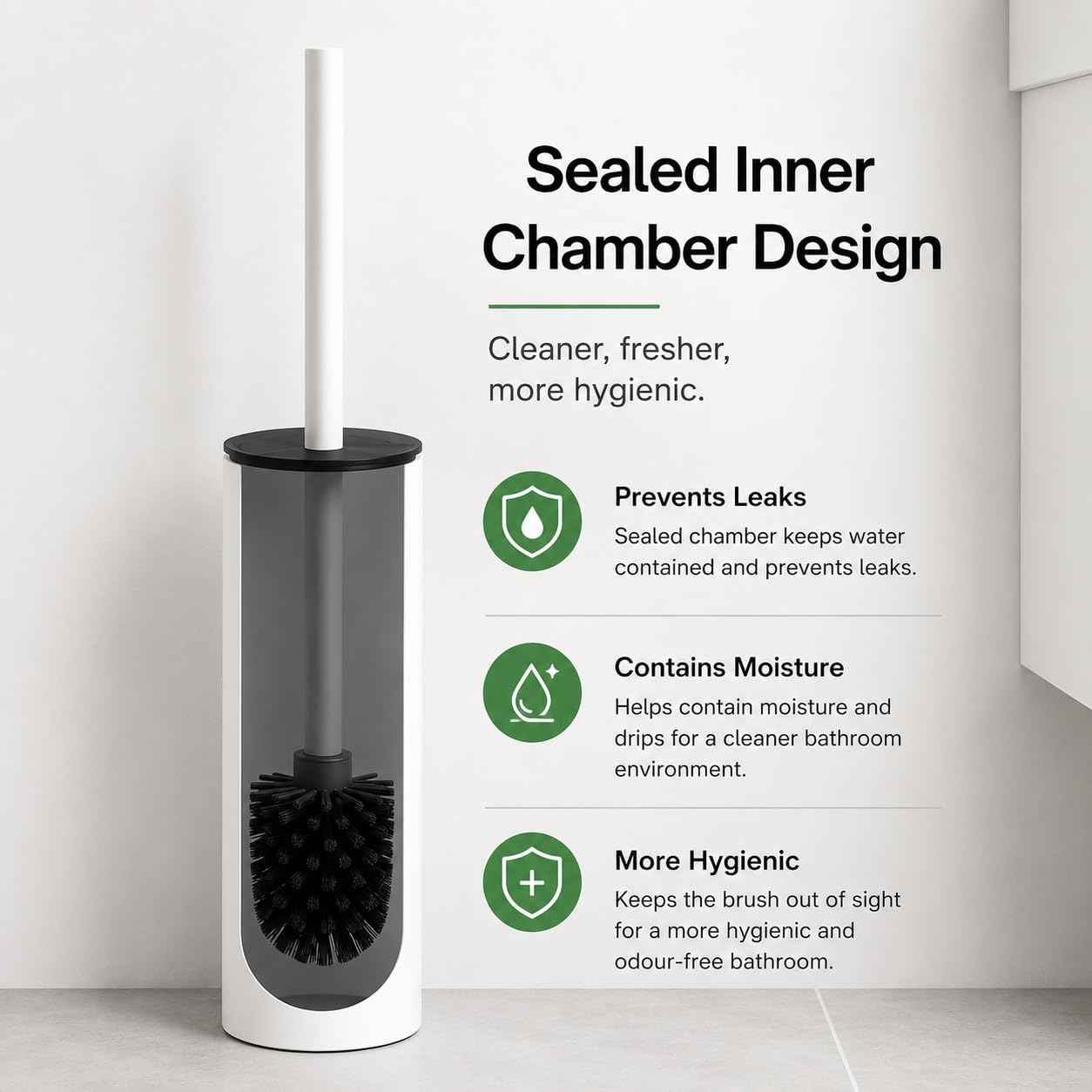 White Wall Mounted Toilet Brush & Holder – Silicone Toilet Brush, Matte White 304 Stainless Steel, Self-Adhesive or Screw Fixing