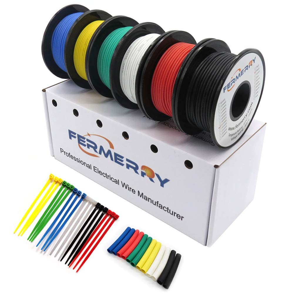 Fermerry 16 AWG Electrical Wire 1.27mm? Flexible Silicone Tinned Copper Wire Hook up Kit Stranded Wire Spool 10ft 3 Meter Each 6 Colors Gauge
