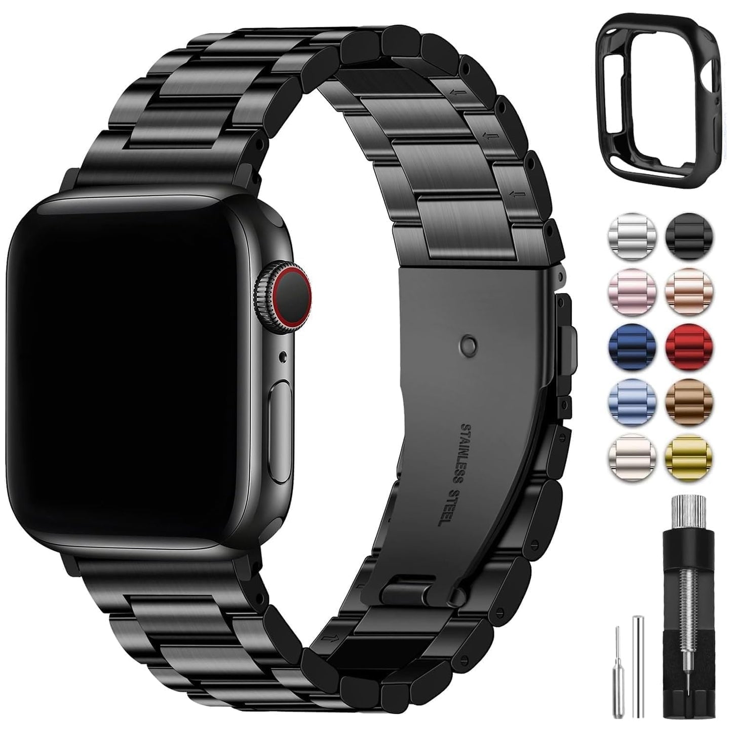 Fullmosa Compatible with Apple Watch Straps Series 11 10 46mm, Stainless Steel Replacement Band Compatible with iWatch 46mm, Black & Protective Case