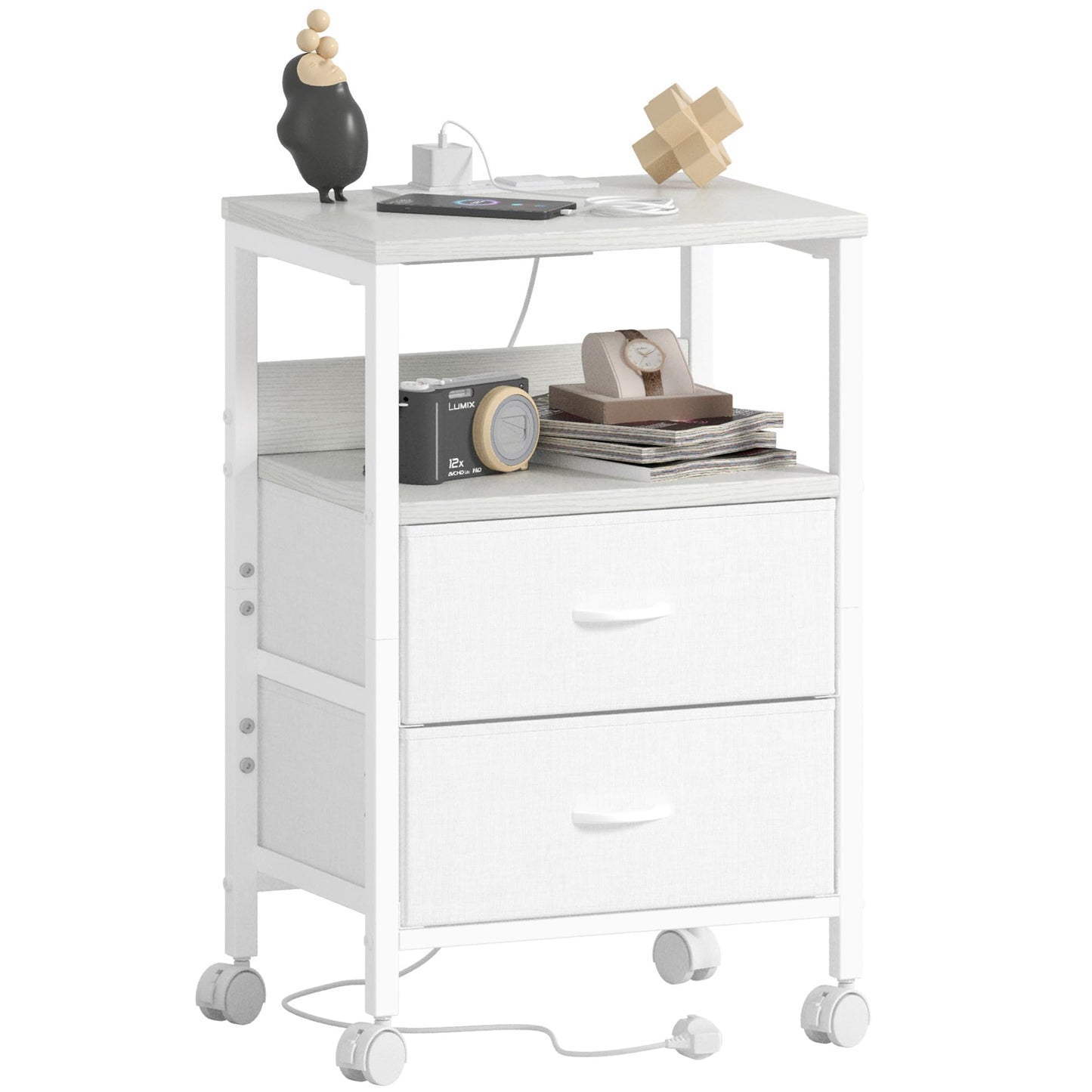 Lutown-Teen Bedside Table with Charging Station, Small Bedside Cabinets on Wheels for Bedroom, Side Table with 2 Fabric Drawers and Open Storage Shelf