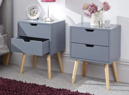 GFW Pair Of Nyborg Scandinavian Style 2 Drawer Bedside Cabinet With Pine Wooden Legs, Dark Grey. 30D x 40W x 56H cm.