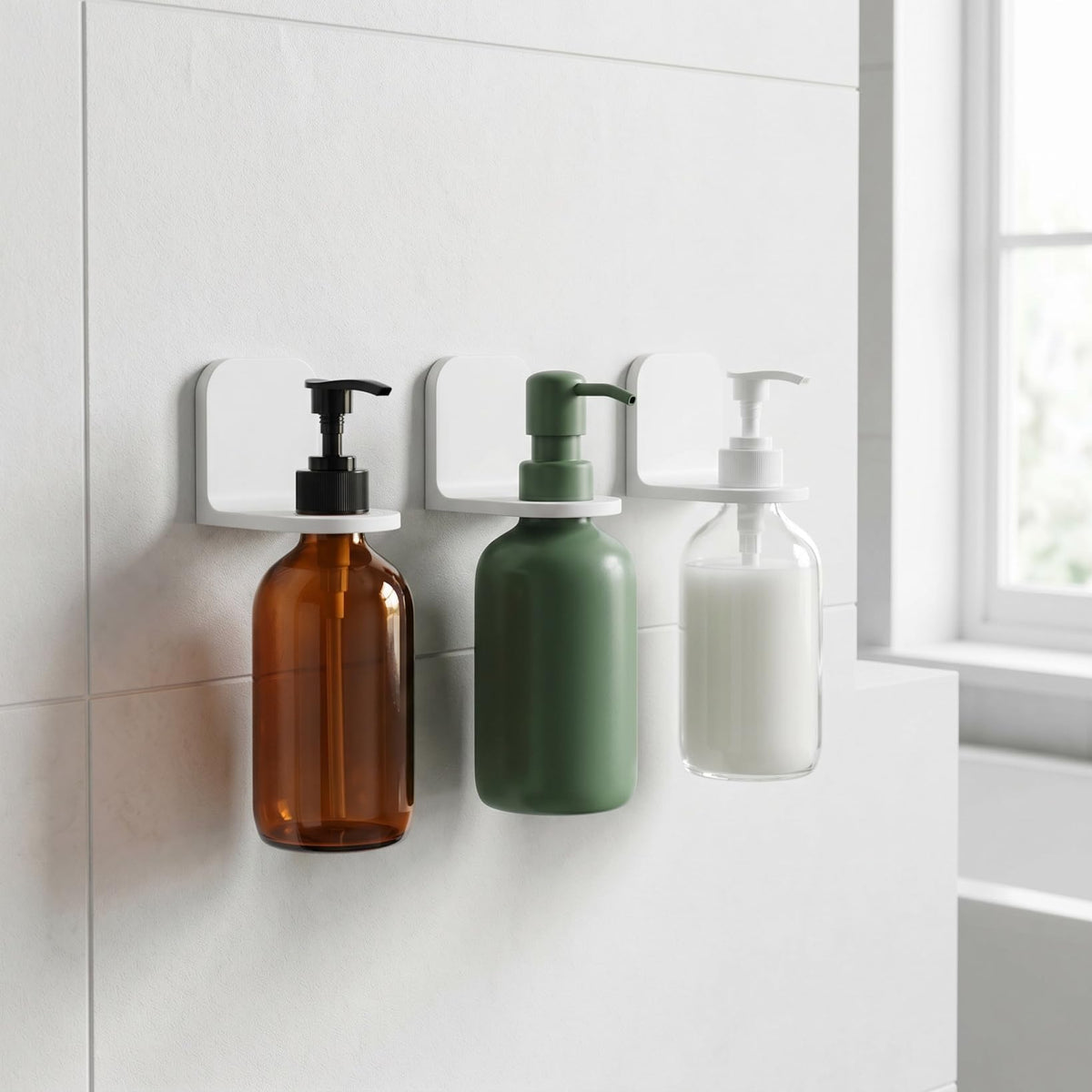 Toyvian 3pcs No Drilling Soap Bottle Dispenser Holder Hooks Wall Mount Shampoo Lotion Holder for Bathroom Kitchen Hotel Strong Adhesive Compatible