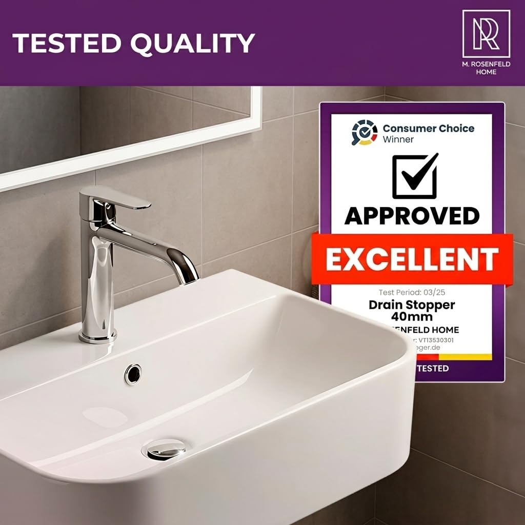 Sink Plug 40mm - Chrome Bathroom Wash Basin Plug for UK Sinks, Drain Stopper, Bathroom Sink Plug Replacement by M. ROSENFELD HOME