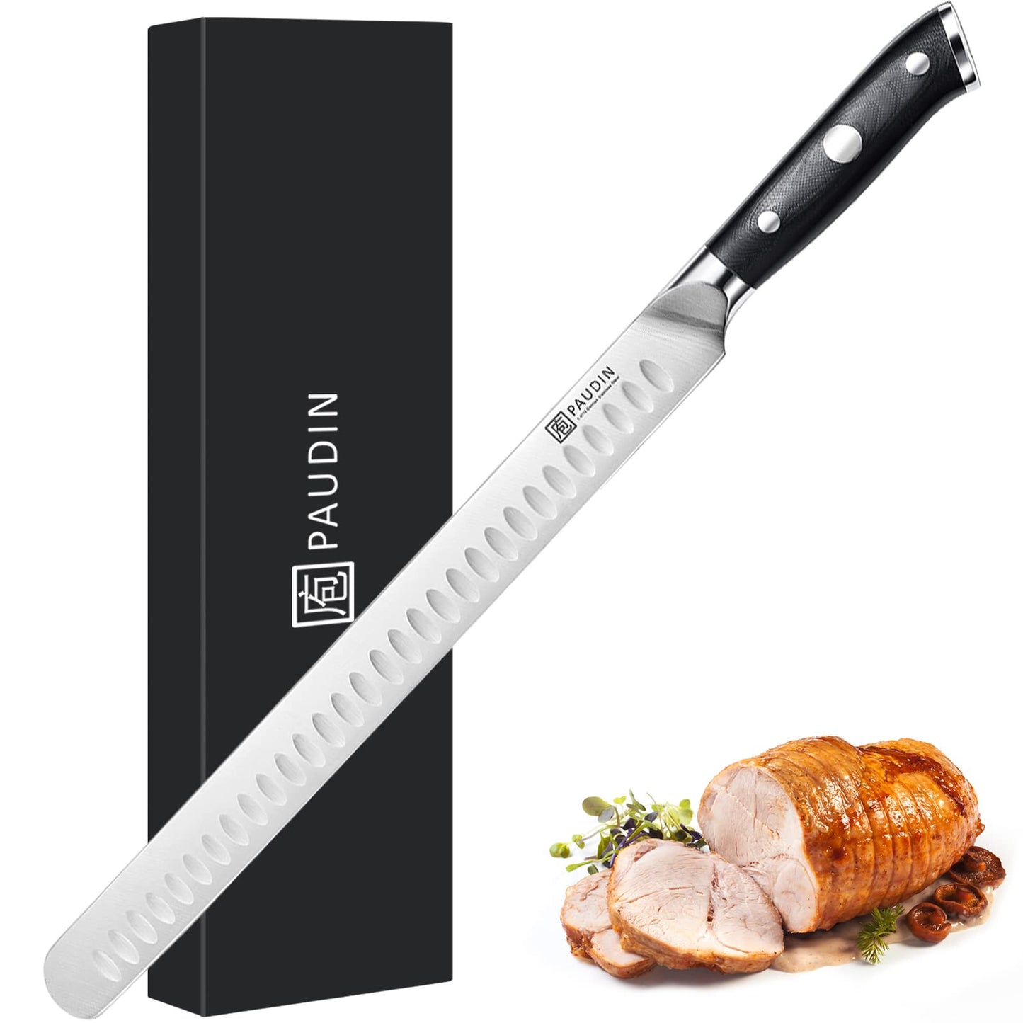 PAUDIN 12 Inch Carving Knife, Premium Slicing Knife with High Carbon Stainless Steel,Meat Carving Knife for Smoked Brisket, BBQ Meat, Turkey Bread