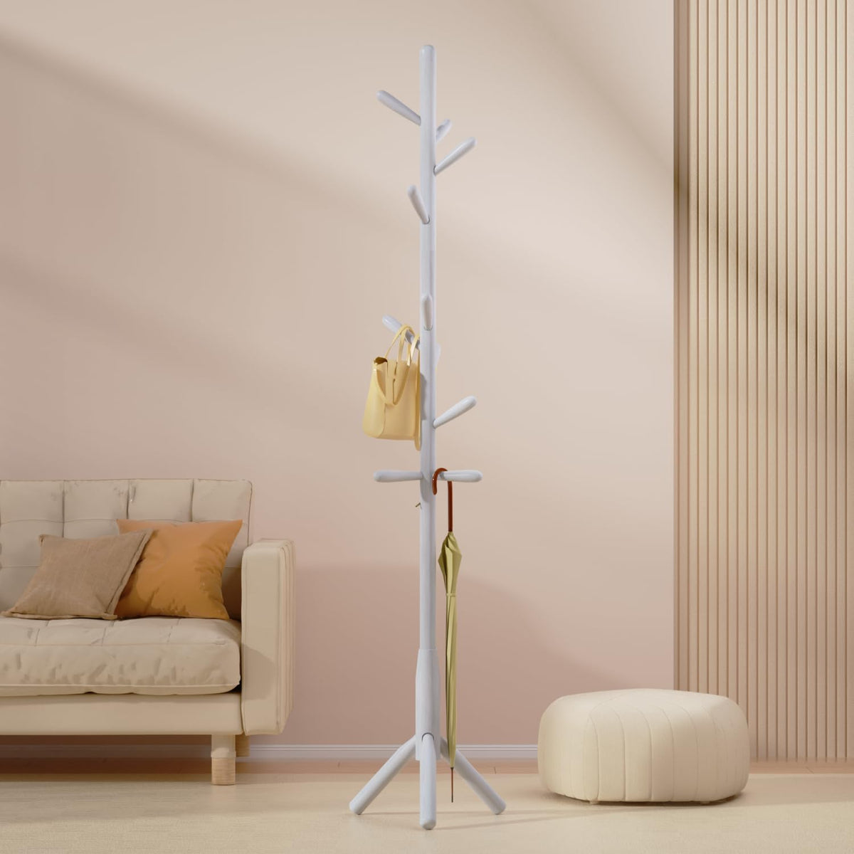 Solid Wood Coat Rack, Freestanding Tree-Shaped Coat Rack with 11 Hooks, Main Pole 1.6" dia for Clothes, Hat Stand Used in Bedroom/Office/Entryway