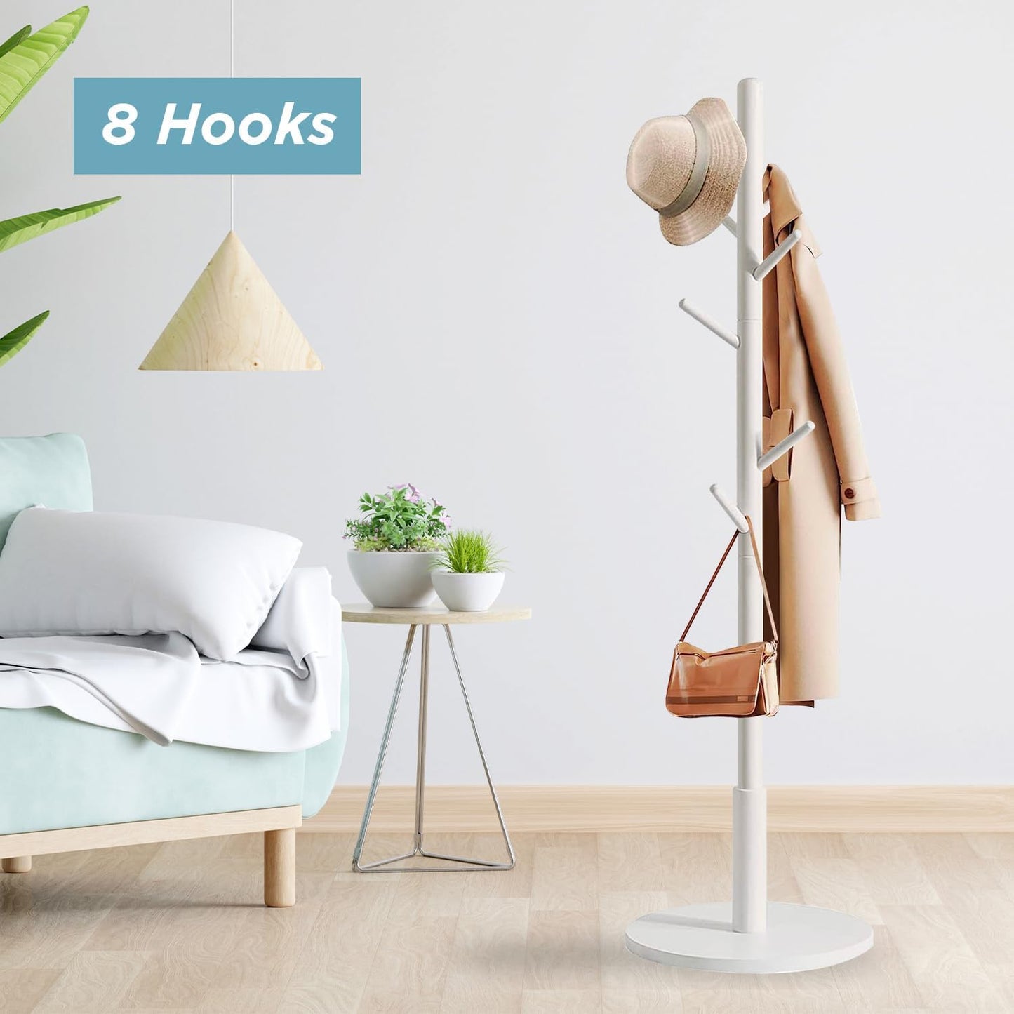 edihome, Coat Stand with Round Base, Freestanding Coat Rack with 8 Hooks, 172 x 38 x 38 cm, Wooden Hall Tree for Coats, Hats, Jackets