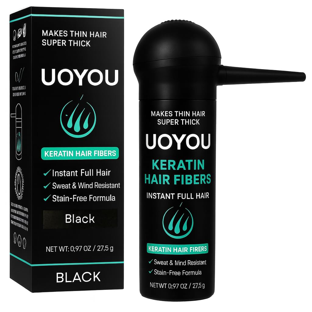 UOYOU Hair Fibres BLACK 27.5g with Pump Applicator ? Natural Keratin Hair Building Fibers for Thinning Hair ? Undetectable, Sweat- & Wind-Resistant