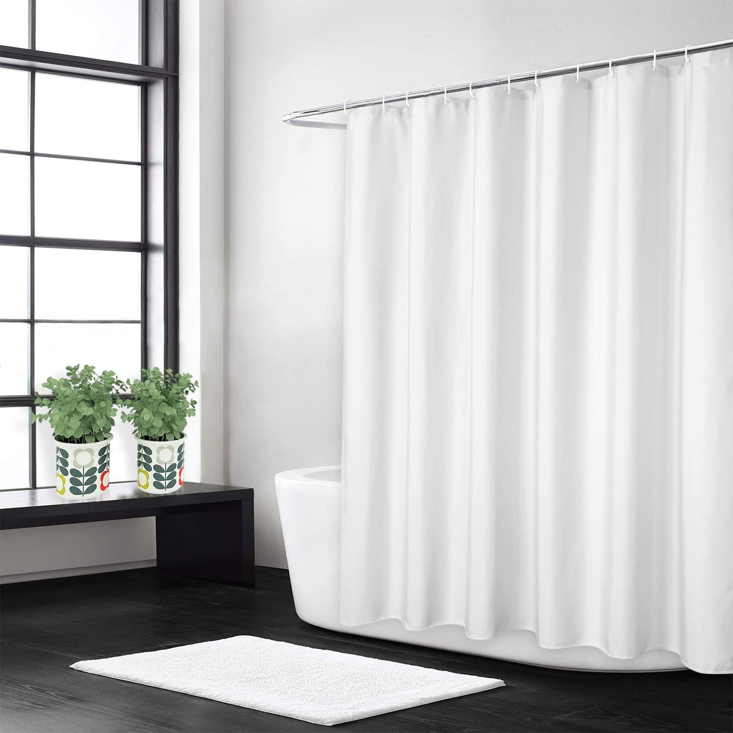LinTimes Flax Linen Like 240GSM Heavy Weight Fabric Shower Curtain for Bathroom with Hooks Hotel Luxury Washable, White, 180x200 cm