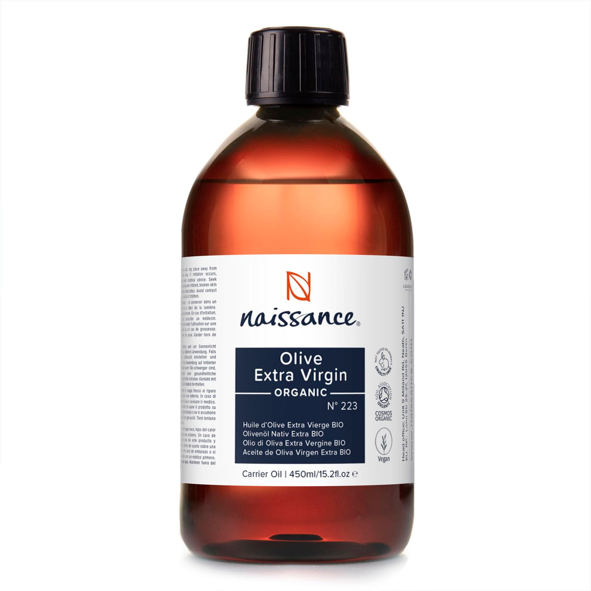 Naissance Organic Extra Virgin Olive Oil No. 223 450ml - Pure, Natural - for Skincare, Haircare and a Massage Oil Base, Face, Body, Hair