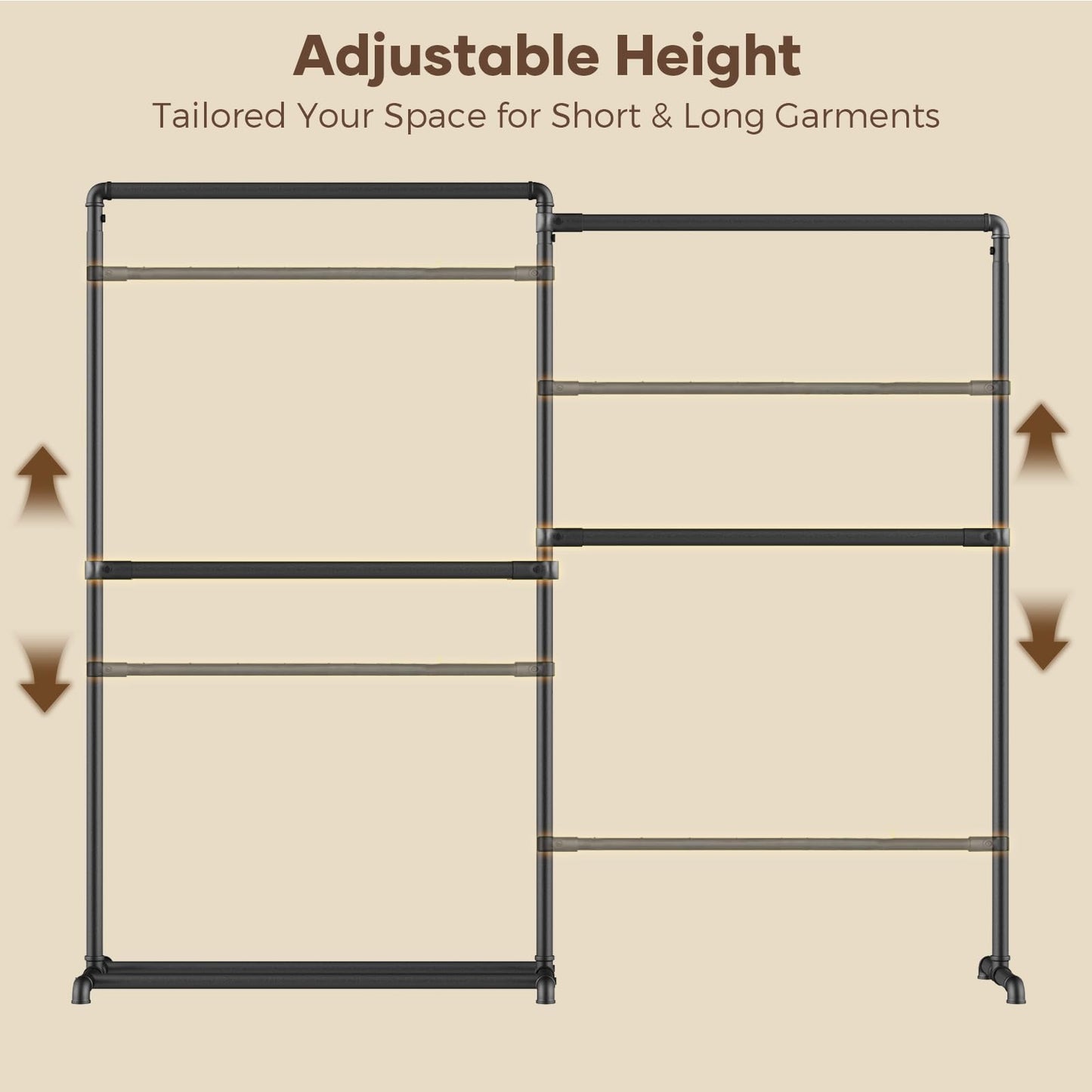 YasTant Heavy Duty Clothes Rail, Freestanding Clothes Hanging Rail with 4 Rails, 360° Foldable Side Arms, Bottom Shelf