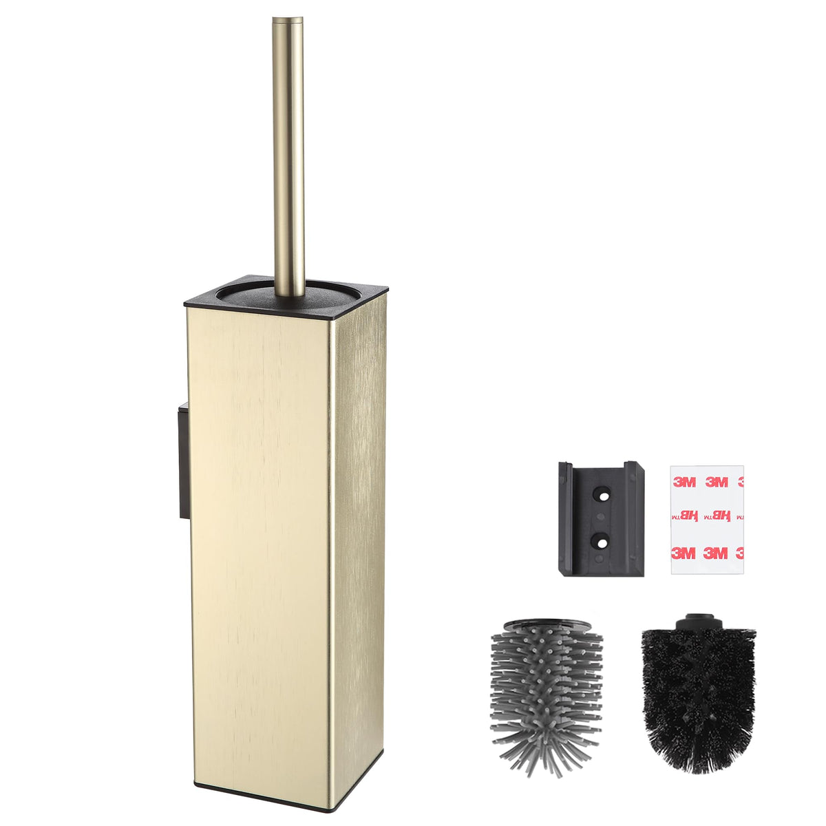 BVL Wall Mounted Gold Toilet Brush, No Drilling Metal Toilet Brush Holder Includes 2 Brush Heads, Silicone Head Square Holder