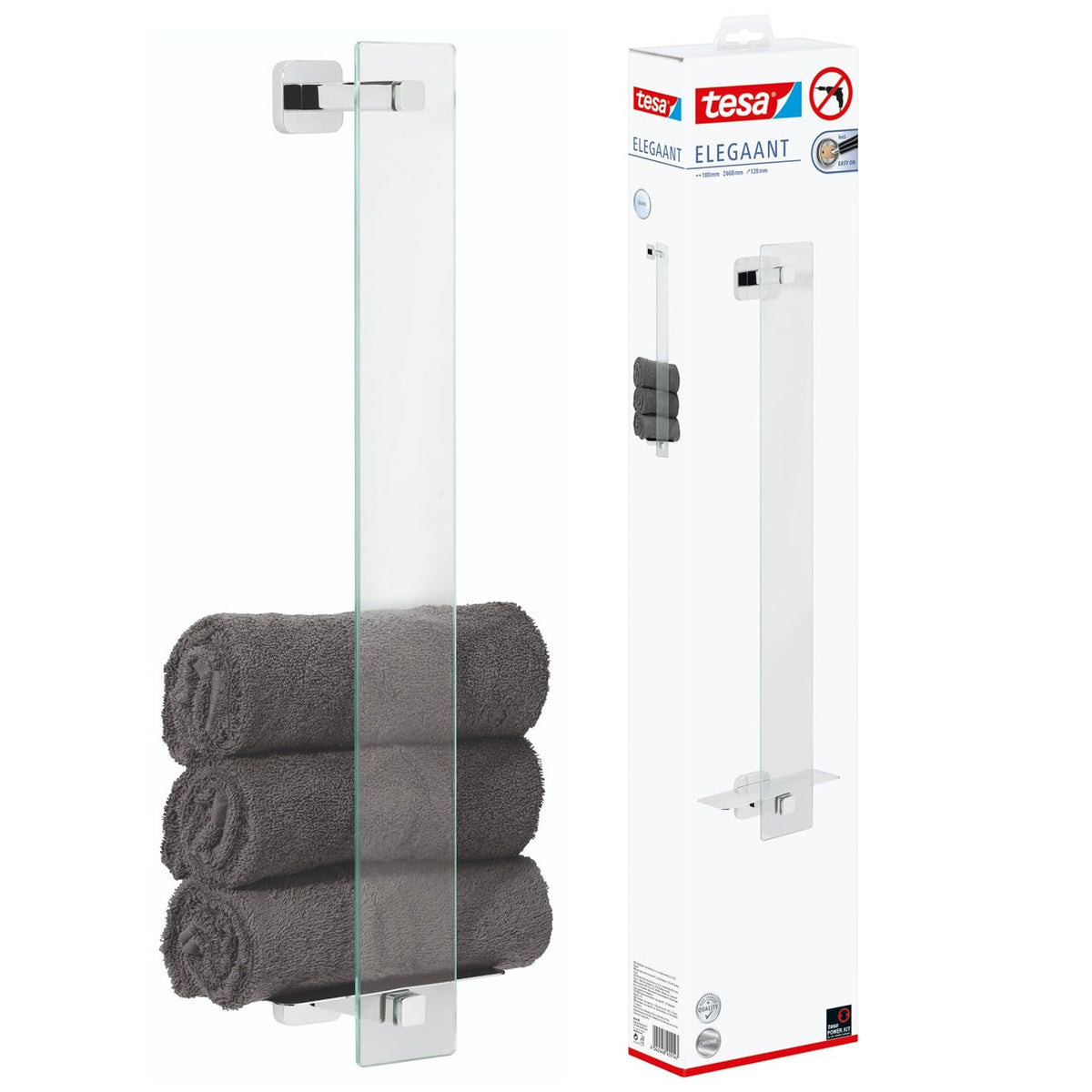 tesa ELEGAANT Guest Towel Holder - Vertical Hand Towel Holder in White Frosted-Glass Design - Wall-Mounted Towel Bar - Waterproof, incl. Power.Kit