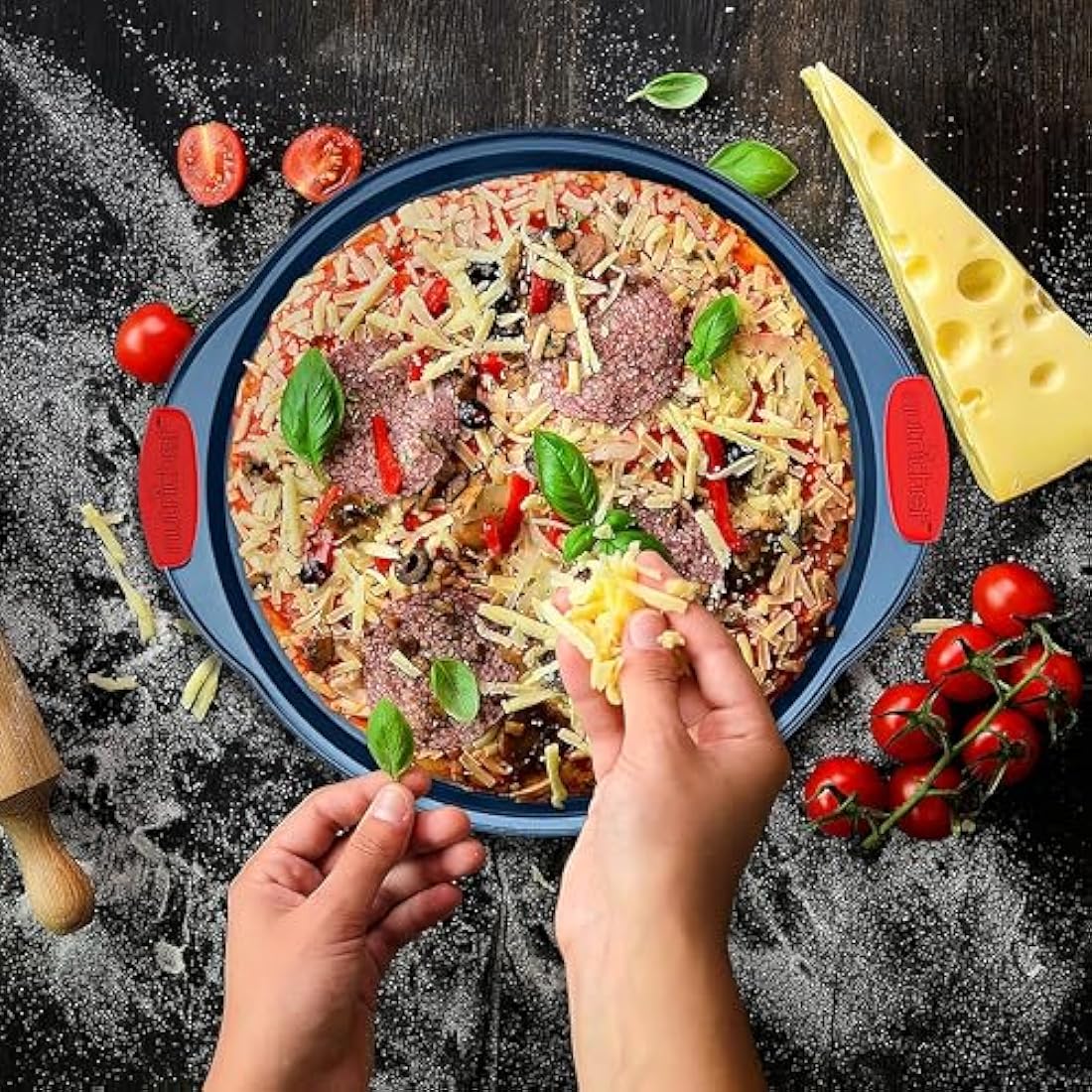 NutriChef Baking Tray Set, Oven Bakeware Trays, 8 Piece Non-Stick Oven Safe - Baking Sets, Includes: Cookie Sheets Pan, Loaf Pan, Pizza Pan, Muffin Tins, Cake Tin, Blue w/ Red Silicone Handles
