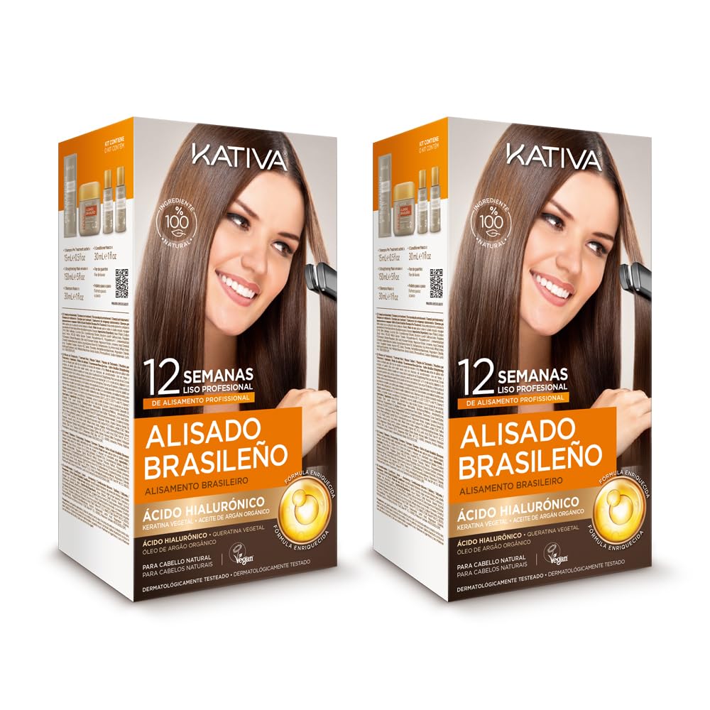Kativa Brazilian Straightener 2 Pack ? New Formula with Hyaluronic Acid ? Professional Straightening Treatment at Home ? Lasts Up to 12 Weeks ?
