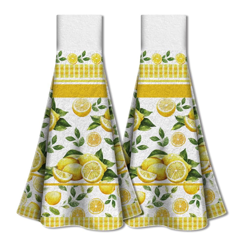 WADORN 2Pcs Lemon Kitchen Towels with Hanging Loop, Lemon Fruit Kitchen Hand Towel Dishcloth Towels Soft Absorbent Hanging Tie Towel for Kitchen