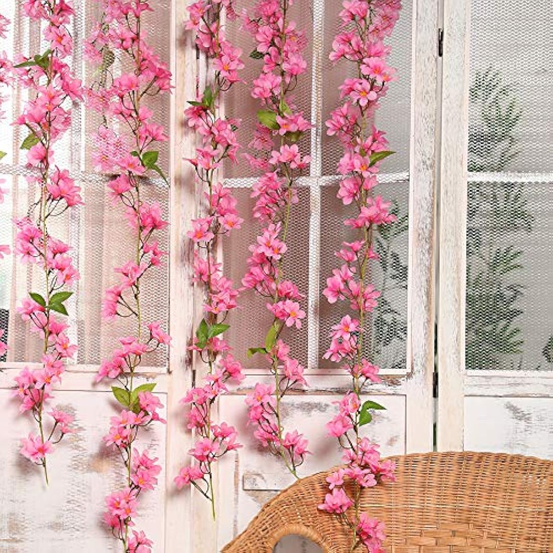 JUSTOYOU 2 Pcs 5.7FT Artificial Flowers Cherry Blossom Sakura Hanging Vine Fake Sakura Garland Fake Oriental Cherry Wreath Home Garden Party Wedding Decor(Rose Red)