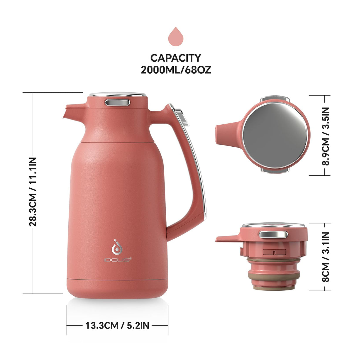 IDEUS Vacuum Insulated Coffee Carafe, 68 oz (2 Liters) Stainless Steel Milk Jug Thermal Tea Pot Hot & Cold Water Beverage Dispenser (Red)