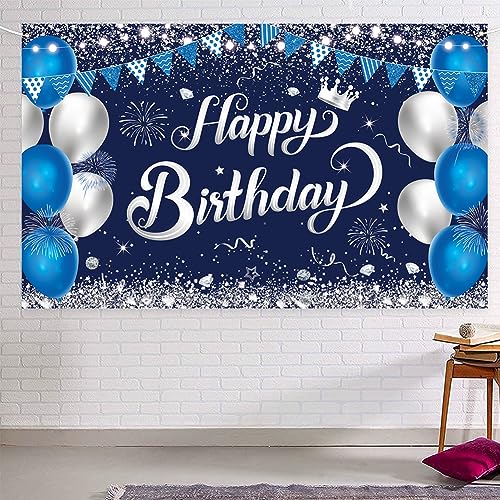 Happy Birthday Banner - 1.1 x 1.8m Blue Silver Backdrop, Decorations for Boys & Girls, Perfect for Birthday & Anniversary Parties