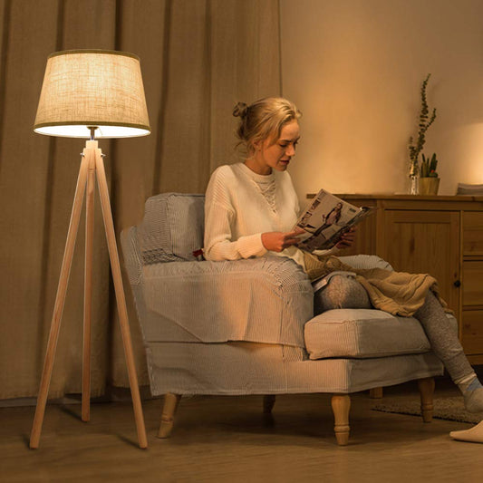 DINGLILIGHTING Wooden Tripod Led Floor Lamp, 3000k Warm White Floor Light, Classic Led Reading Free Standing Lamp for Living Room, Bedside, Study,