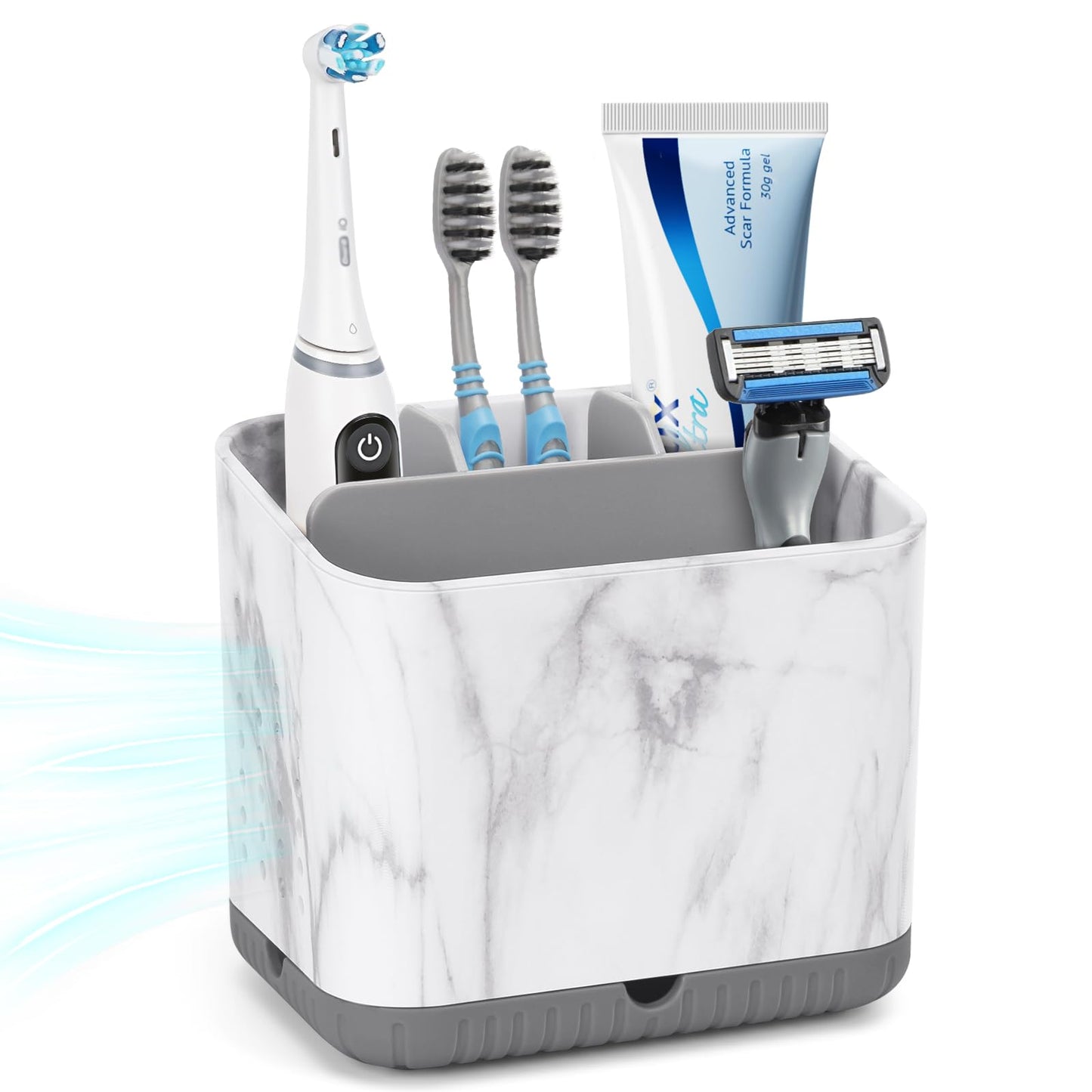 toprance Toothbrush Holder Caddy Marble-Look Electric Toothbrush Holder with Drip Tray, Non-Slip 4 Slots Toothbrush Storage for Bathroom Toothpaste