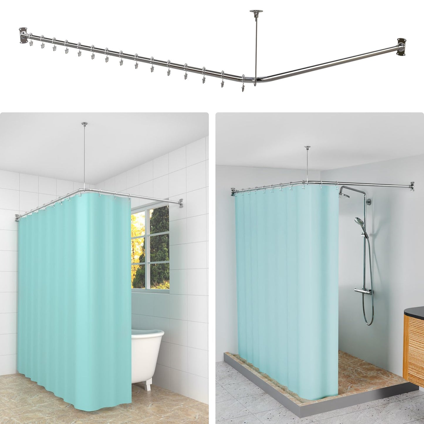 KULACO L-Shaped Shower Curtain Bar, Adjustable Shower Bar for SUS304 Stainless Steel, Stable Shower Bar 100-120x100-190cm, Shower Rod with 16 Rings
