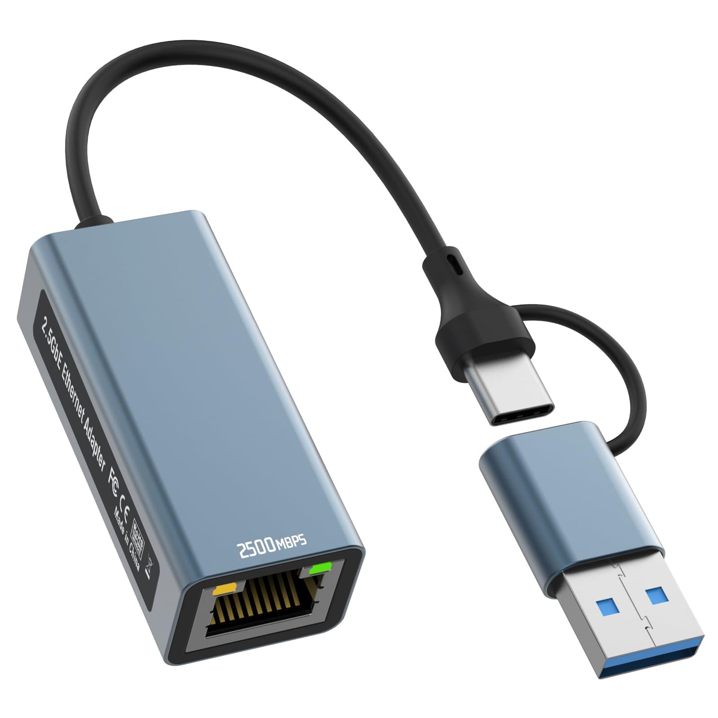 2.5G USB to Ethernet Adapter, 2-IN-1 USB-C to RJ45 LAN Wired Network 100/1000/2500Mbps Ethernet Adapter for iPad, MacBook, SmartPhone, Tablet, Laptop,