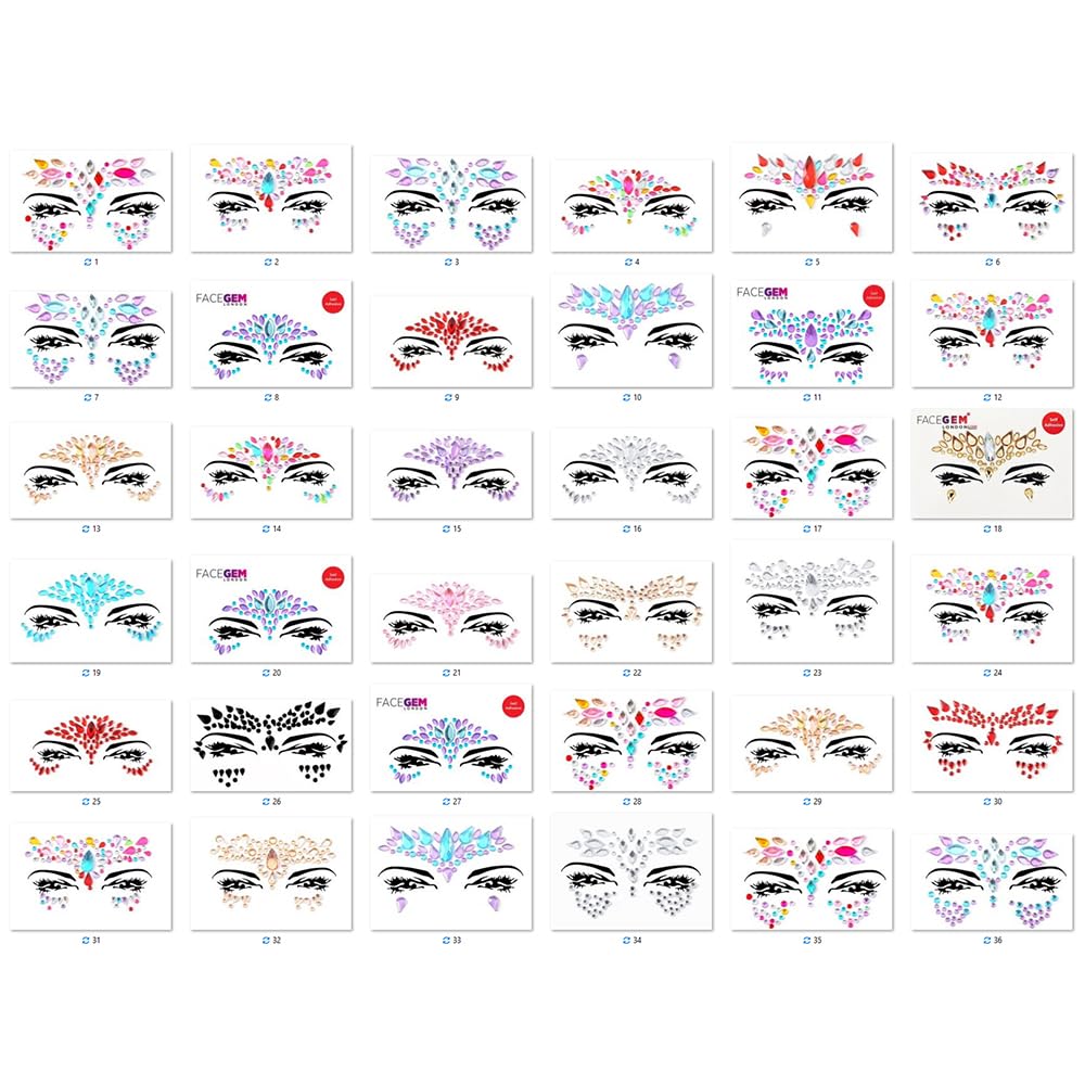 FACEGEM LONDON Face Gems Adhesive Glitter Jewel Tattoo Sticker Festival Gems Rave Party Body Make Up 60 PCS Face Gems